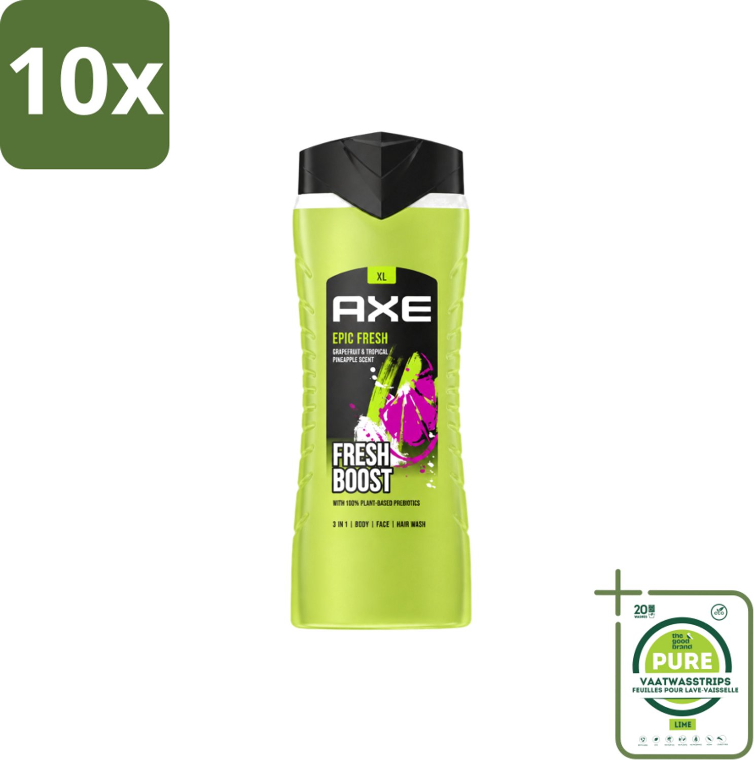 10 x AXE – Douchegel – Epic Fresh Fresh Boost 3-in-1 – 400 ml - Grootverpakking - Vaatwasstrips - Douchegel - Frisheid - Lichaam - Gezicht - Haar