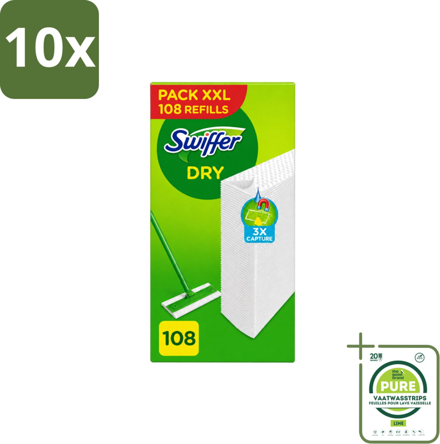 10 x Swiffer – Vloerdoekjes – Dry Navullingen – 108 doekjes - Grootverpakking - Vaatwasstrips - Vloerdoekjes - Schoonmaken - Stofzuigen - Haren Verwijderen - Droge Vloerdoekjes