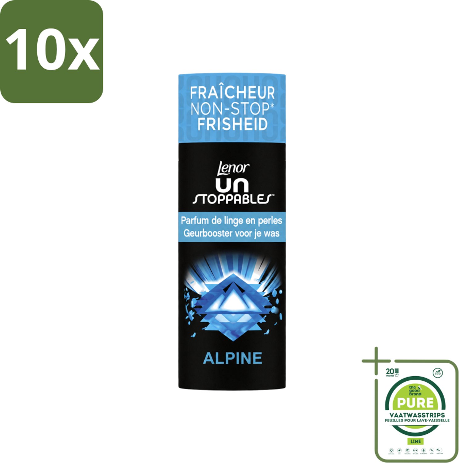 10 x Lenor Unstoppables – Geurbooster – Alpine – 19 Wasbeurten – 235 g - Grootverpakking - Vaatwasstrips - Geurbooster Wasgoed - Frisheid Wasgoed - Citrus Geur - Bloemen Geur - Kruiden Geur