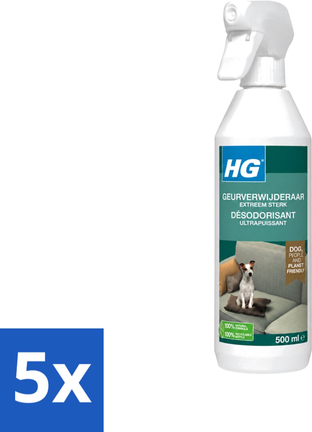 5 x HG - Geurverwijderaar Hond Spray - Extreem Sterk - Werkt Binnen 30 Minuten - 100% Biologisch - 500 ml - Voordeelverpakking - 5 stuks