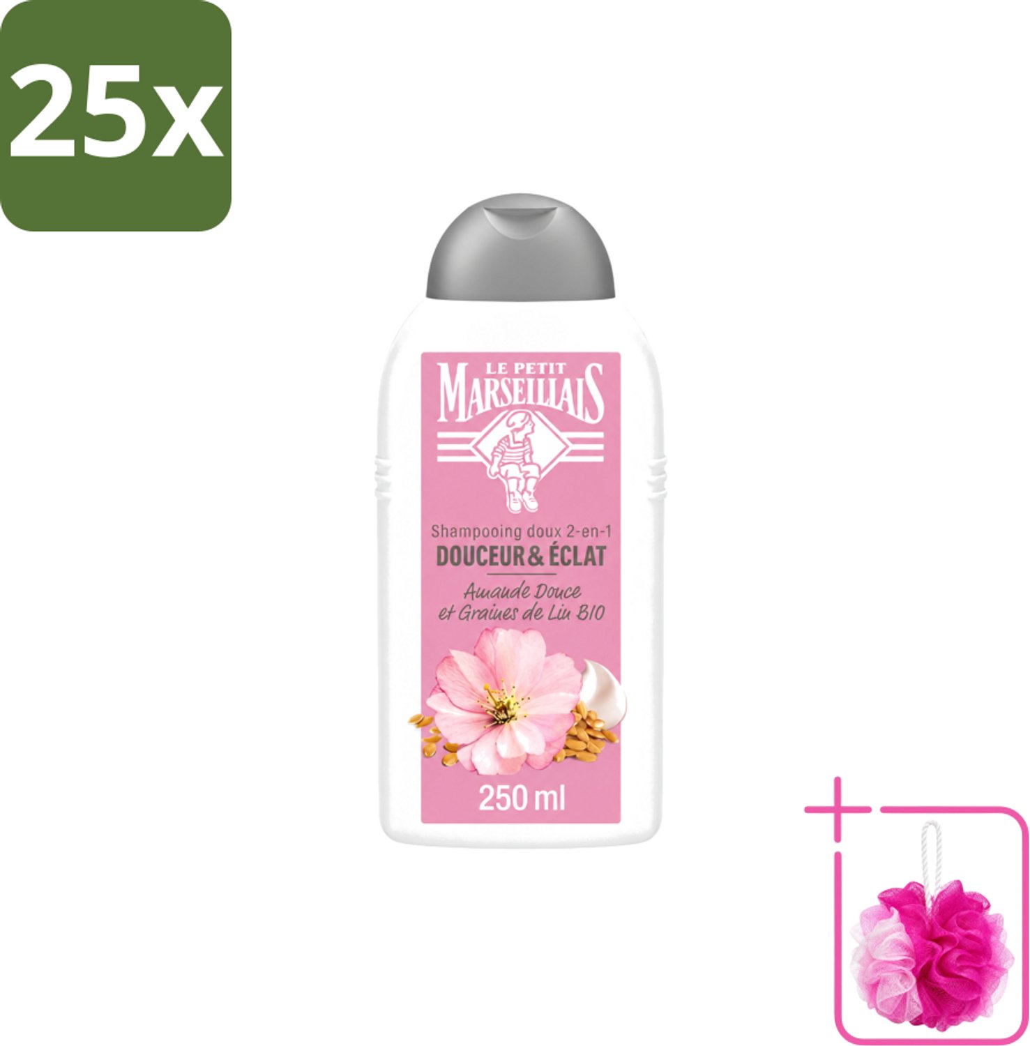 25 x Le Petit Marseillais – Shampoo – Amande Douce & Graines de Lin Bio – 250 ml - Bulkverpakking - Shampoo Amande Douce - Douchemop - Shampoo Linzaad
