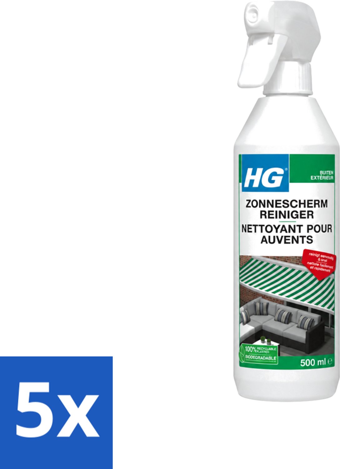 5 x HG - Buiten - Zonneschermreiniger - Reinigt Eenvoudig & Snel - 500 ml - Voordeelverpakking - 5 stuks