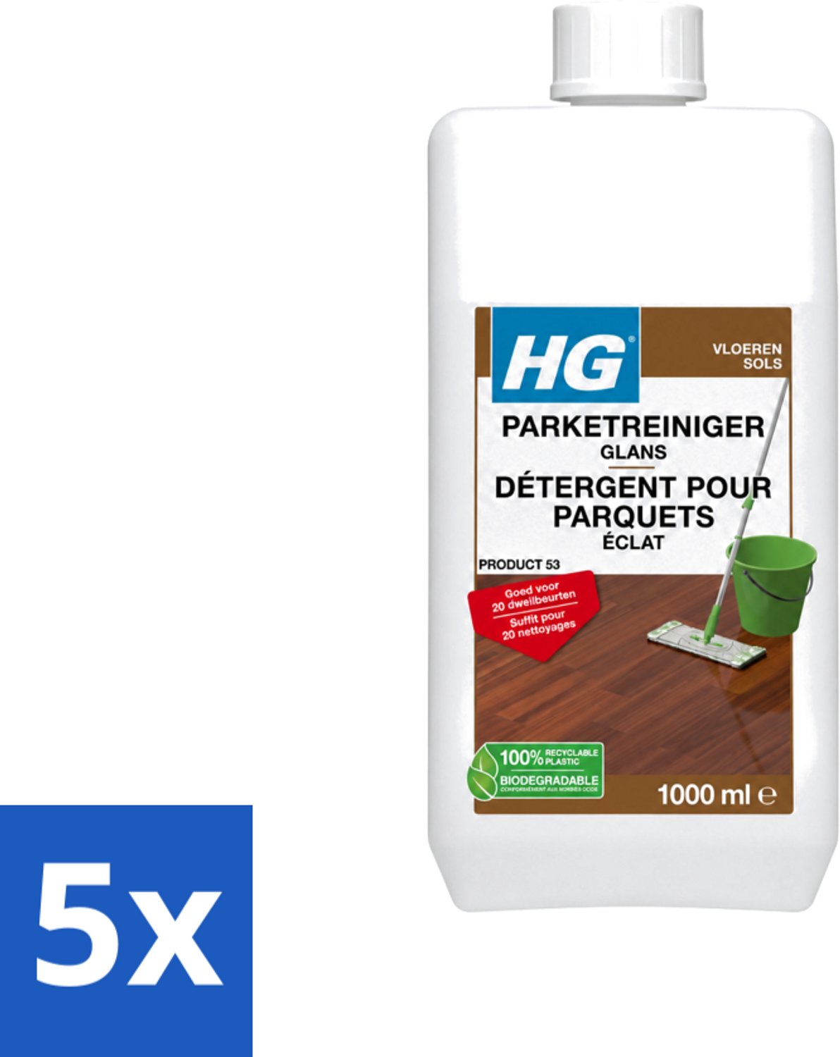 5 x HG - Vloeren - Parketreiniger Glans - 20 Dweilbeurten - 1L - Voordeelverpakking - 5 stuks
