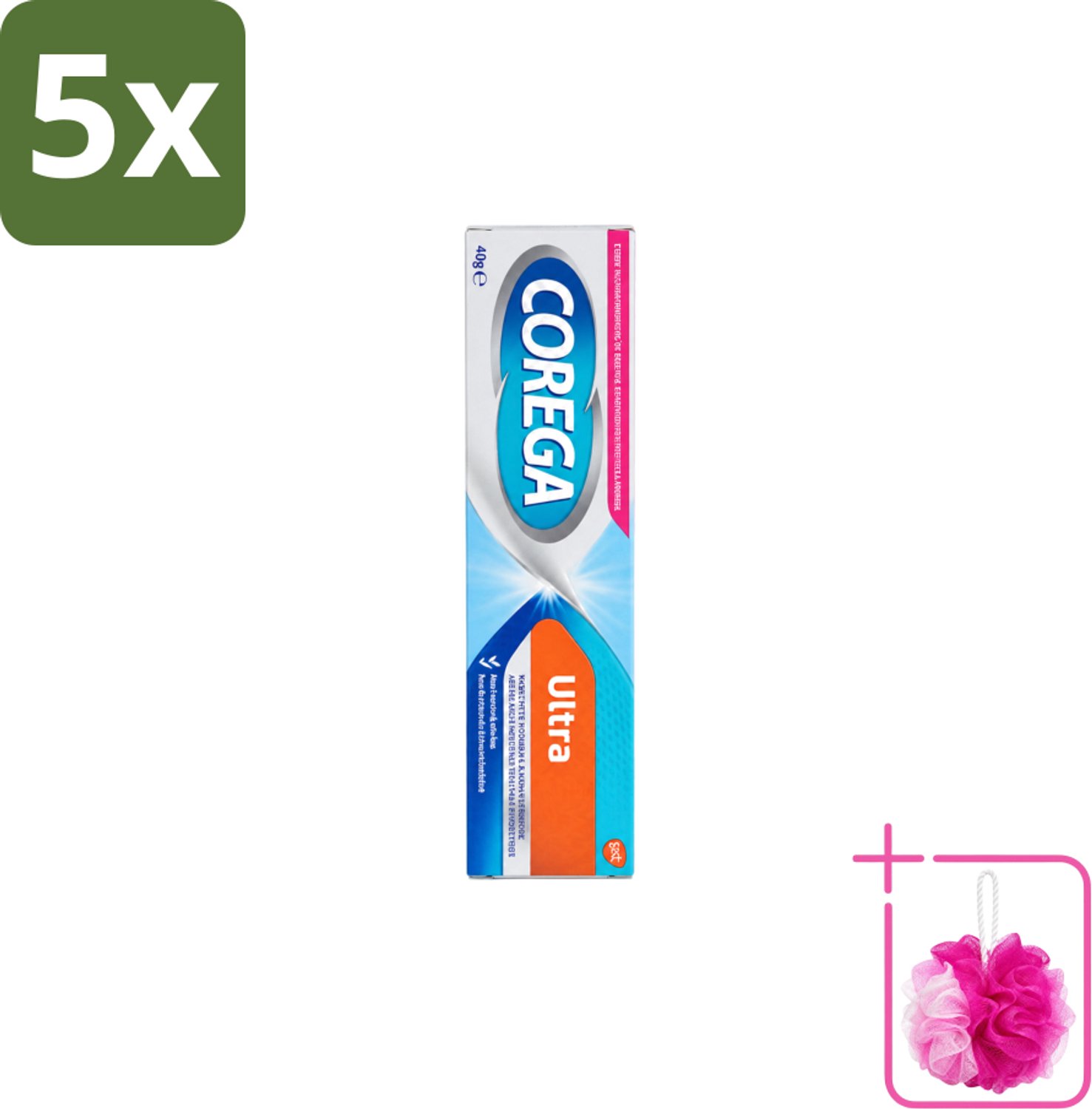 5 x Corega Ultra Kleefcrème - Krachtig Houvast & Bescherming - Met Verfrissende Mintsmaak - 40g - Bulkverpakking - Gebitprothese kleefcrème - Douchemop - Houvast gebitsprothese