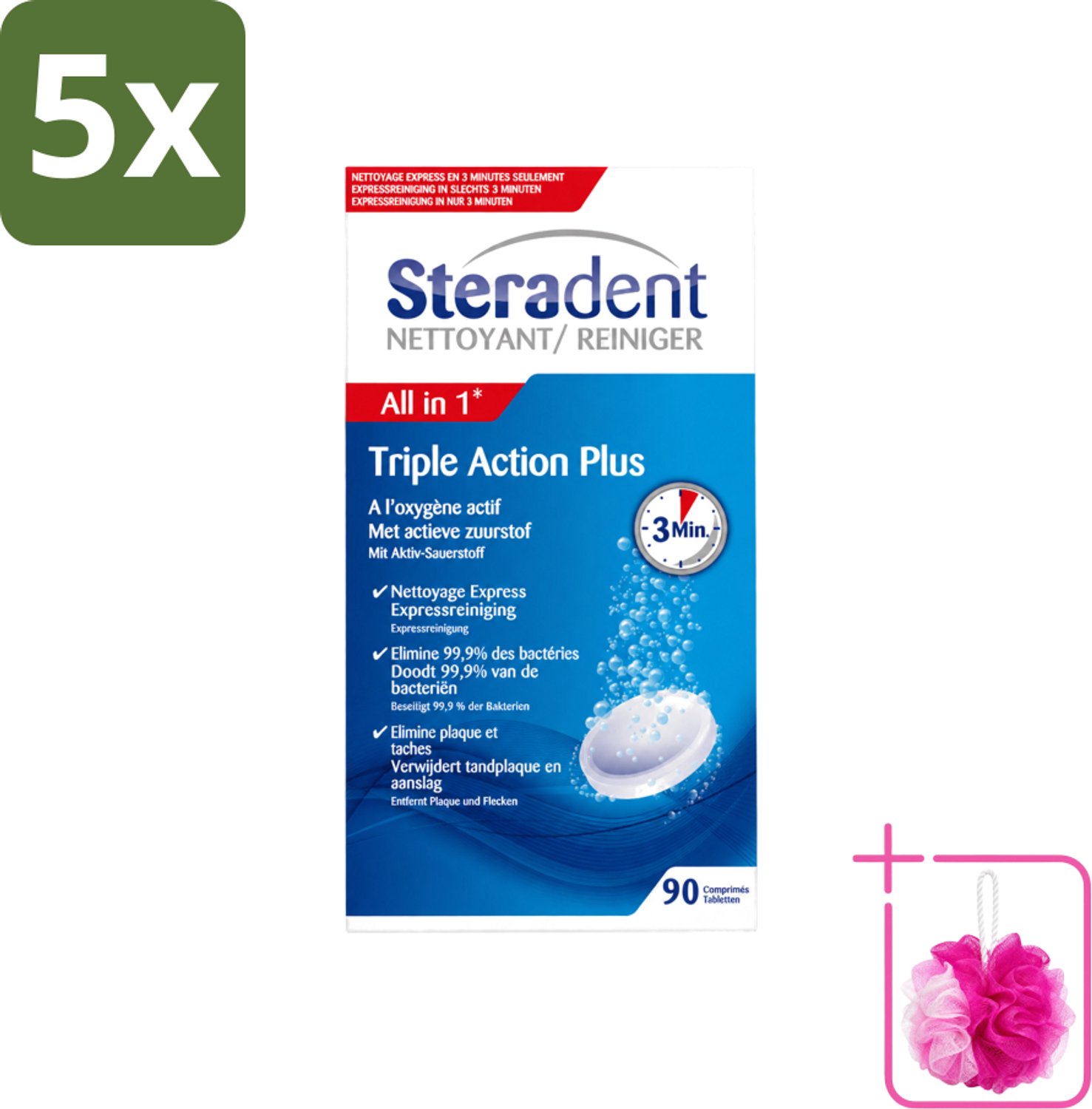 5 x Steradent - Kunstgebitreiniger - Tegen Tandplak En Aanslag - 90 Tabletten - Bulkverpakking - Kunstgebit reinigen - Douchemop - Tandplak verwijderen