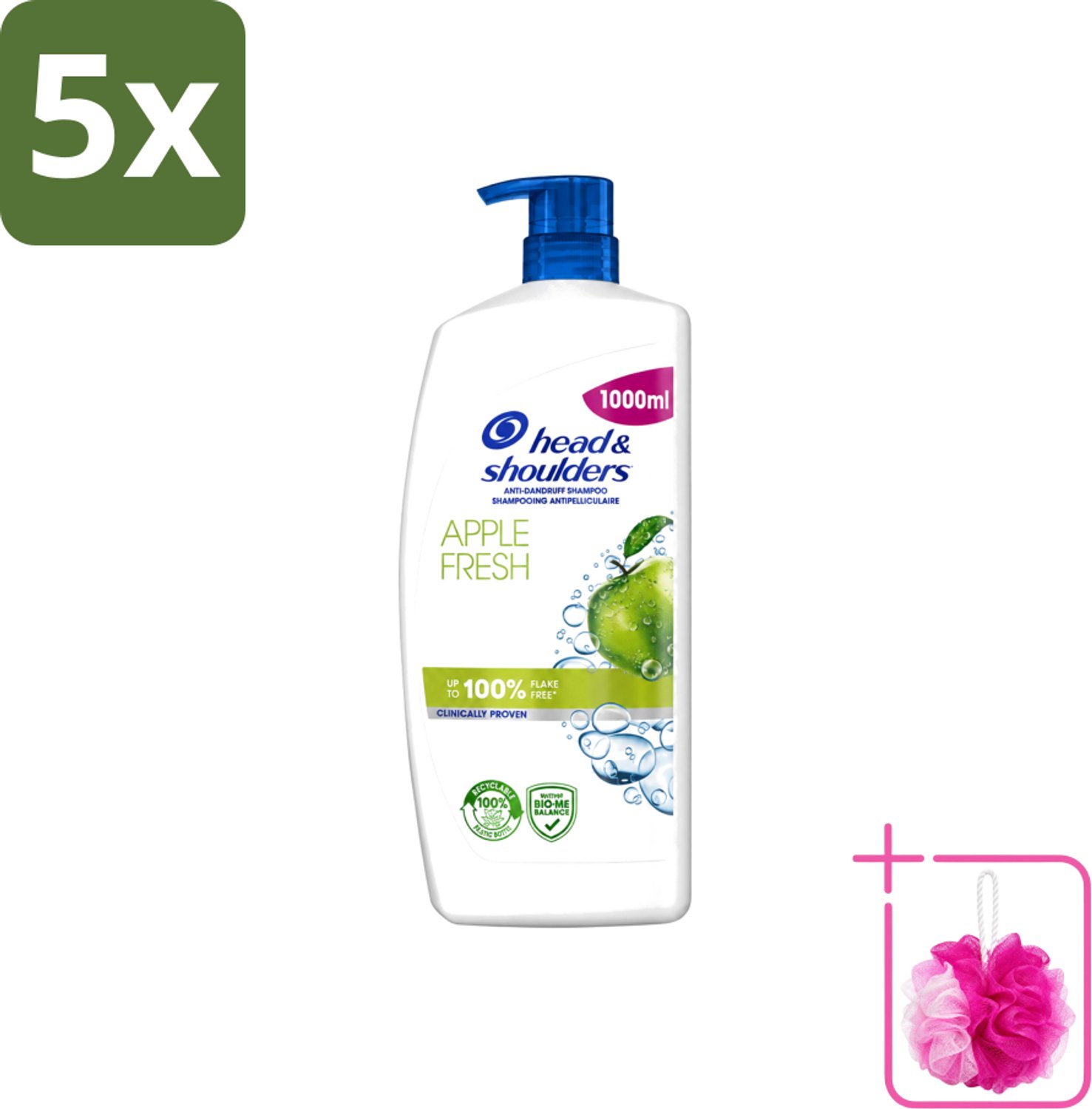 5 x Head & Shoulders - Anti-Roos Shampoo - Apple Fresh - Pompflacon - 1000 ml - Bulkverpakking - Roosvrij haar - Douchemop - Anti-roos shampoo