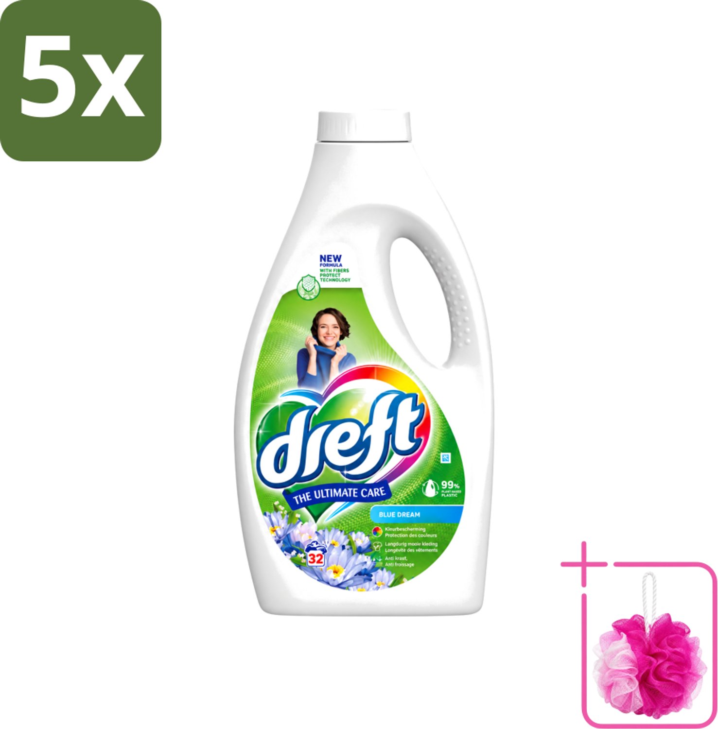 5 x Dreft - Vloeibaar Wasmiddel - Gekleurde Was - Blauwe Droom - 32 Wasbeurten - Bulkverpakking - Vloeibaar wasmiddel - Douchemop - Gekleurde was