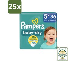 25 x Pampers – Luiers – Baby-Dry Maat 5+ (12-17 kg) – 36 Luiers - Wasstrips - Baby-luiers - Droge Huid - Droogheid - Absorberende Luiers - Baby Droogheid
