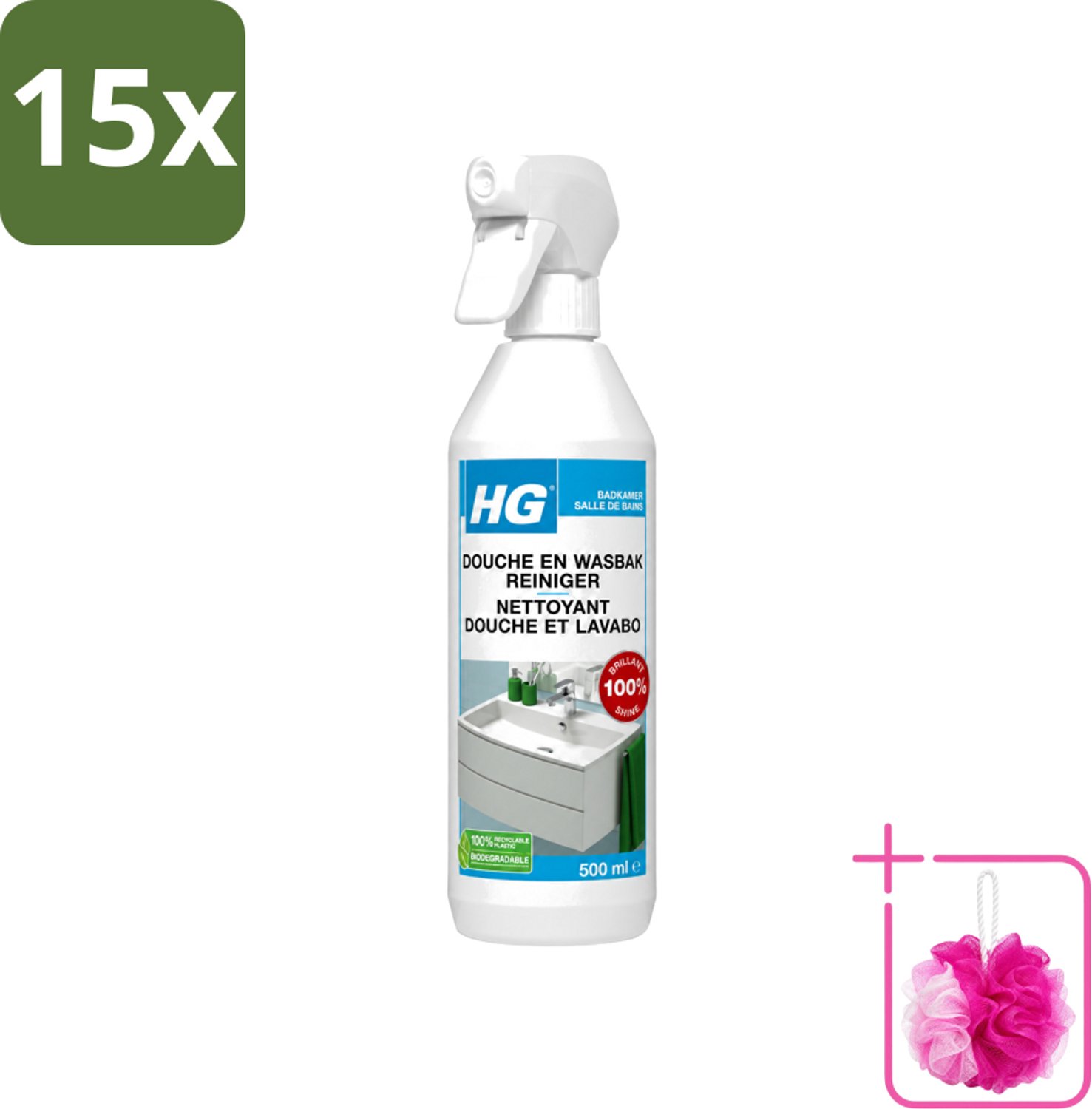 15 x HG - Badkamer - Douche-& Wasbakreiniger - Spray - Extra Glans - 500 ml - Bulkverpakking - Badkamer reinigen - Douchemop - Douche reinigen