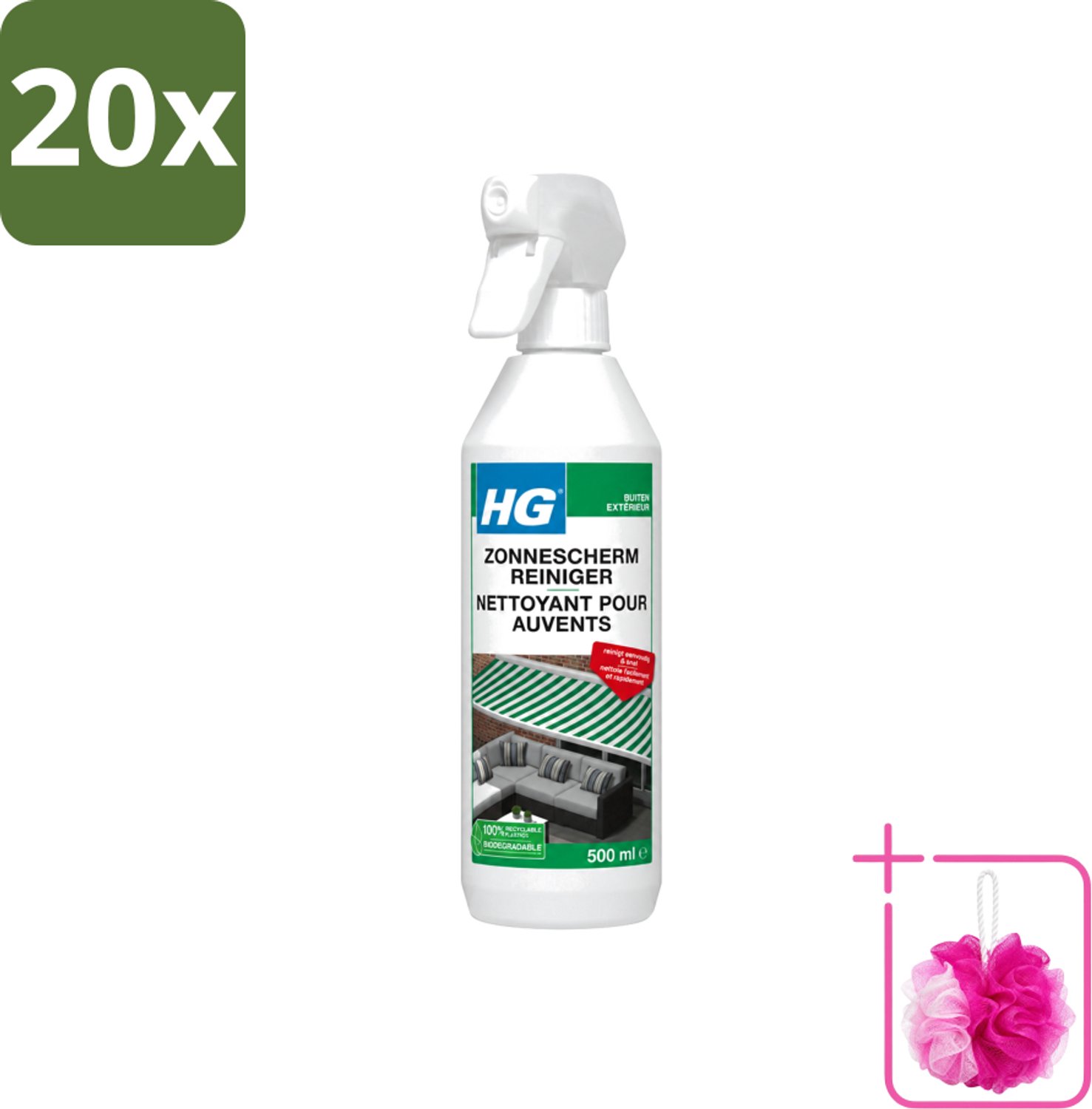 20 x HG - Buiten - Zonneschermreiniger - Reinigt Eenvoudig & Snel - 500 ml - Bulkverpakking - Zonnescherm reinigen - Douchemop - Buitenstoffen reinigen