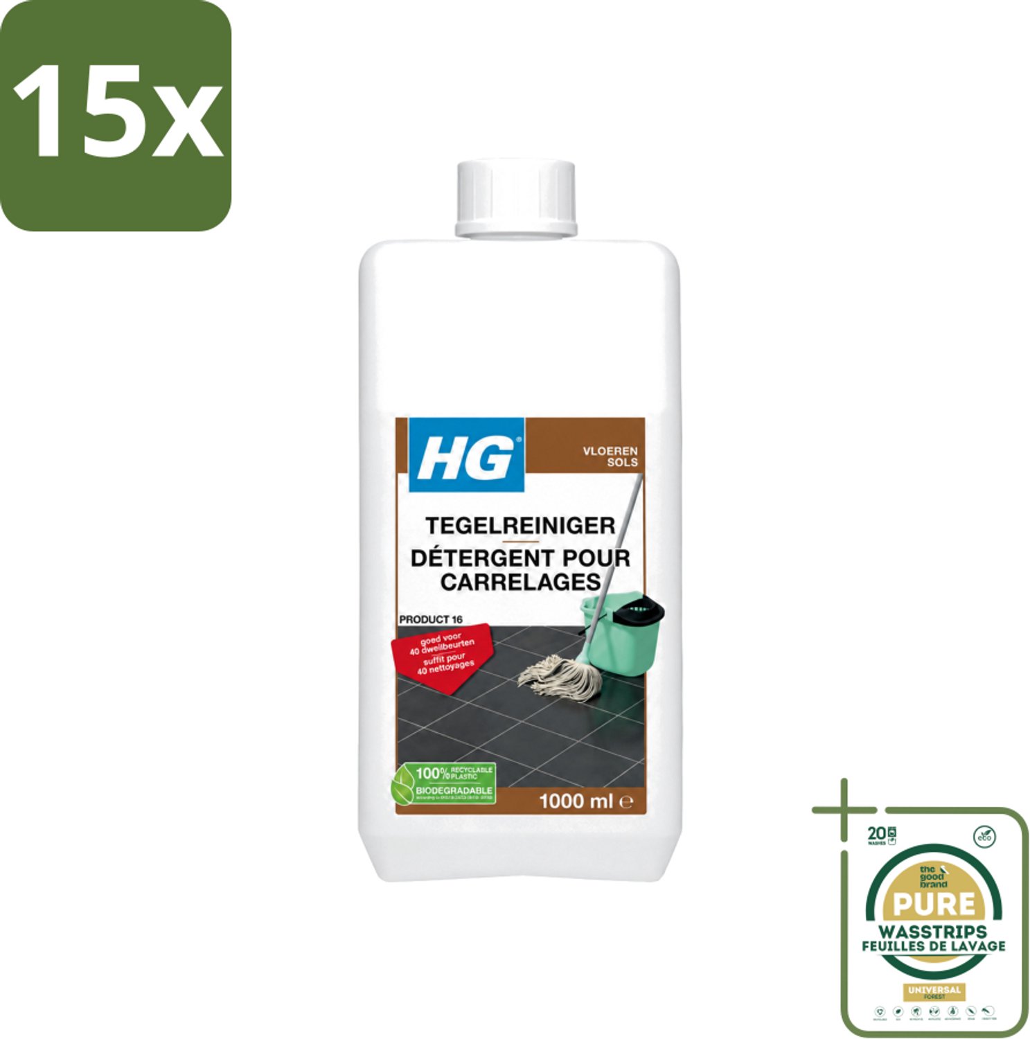 15 x HG - Vloeren - Tegelreiniger - 40 Dweilbeurten - 1L - Wasstrips - Tegelreiniger - Vloerreiniger - Dweilreiniger - Tegelvloer - Natuursteen