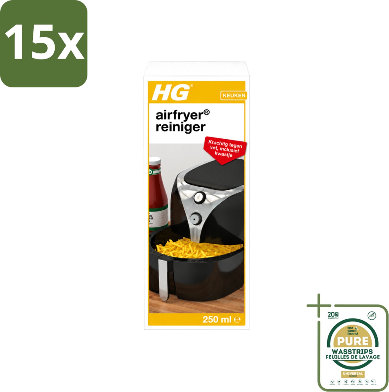 15 x HG - Airfryer Reiniger - Krachtig Tegen Vet - Inclusief Kwastje - 5 Schoonmaakbeurten - 250 ml - Wasstrips - Airfryer Reinigen - Vetresten Verwijderen - Airfryer Reiniger - Airfryer Schoonmaken - Hardnekkige Vetresten