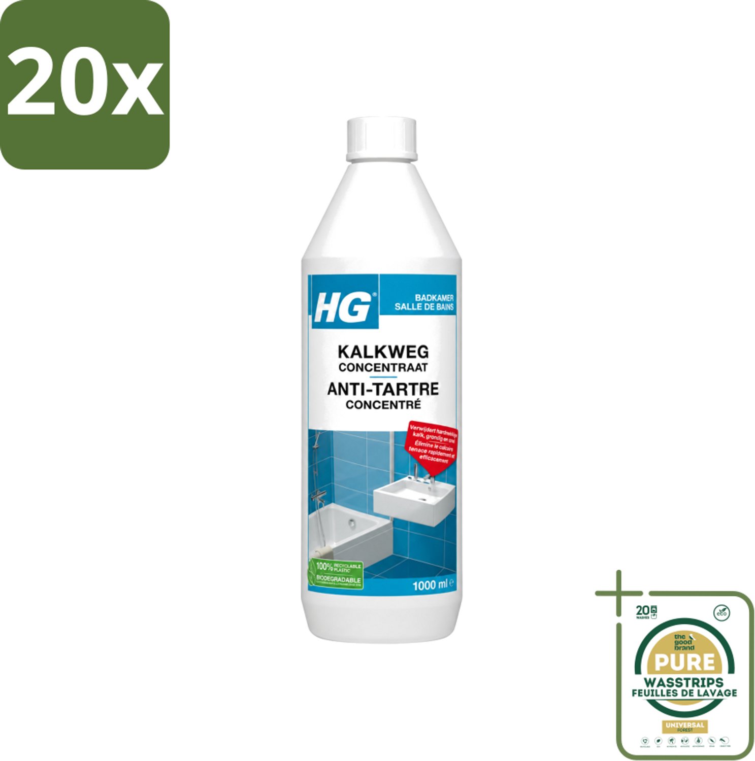 20 x HG - Badkamer - Kalkweg Concentraat - Verwijdert Hardnekkige Kalk - 1L - Wasstrips - Kalk Weg - Kalk Verwijderen - Roestvlekken Verwijderen - Kalksteen Verwijderen - Badkamer Reinigen