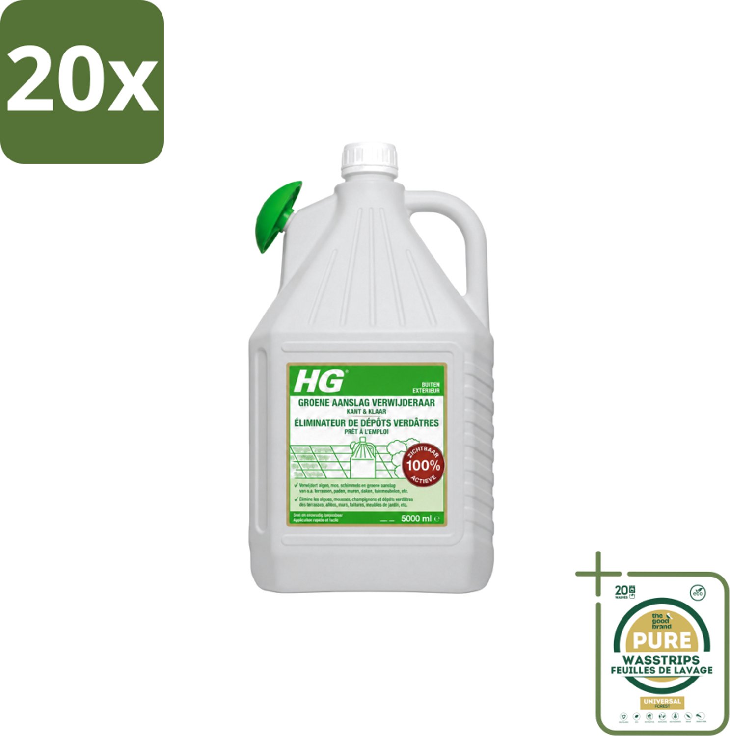 20 x HG - ECO Groene Aanslagreiniger - Kant-en-klaar met Sproeikop - 5 L - Wasstrips - Groene Aanslag - Terras Reinigen - Balkon Reinigen - Paden Reinigen - Buitenoppervlak Reinigen