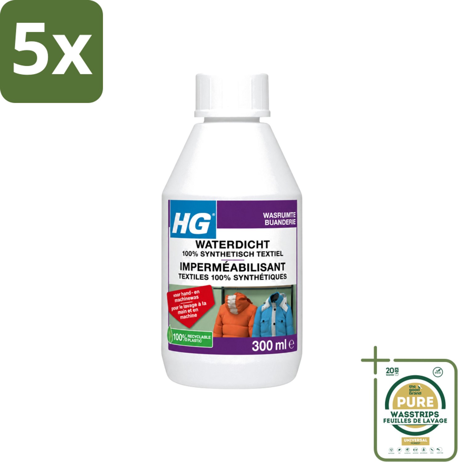 5 x HG - Wasruimte - Waterdicht 100% Synthetisch Textiel - Voor Hand & Machine Was - 300 ml - Wasstrips - Waterdicht Textiel - Vuilafstotend Textiel - Synthetisch Textiel Behandelen - Regenkleding Waterdicht Maken - Ski Kleding Waterdicht