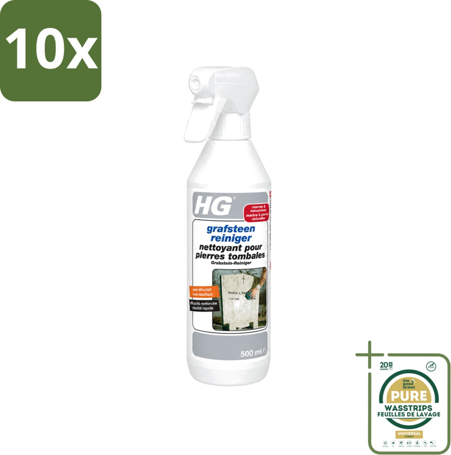 10 x HG - Grafsteenreiniger - Beschermt & Reinigt - 500 ml - Wasstrips - Grafsteen Reinigen - Natuursteen Reinigen - Grafsteen Onderhoud - Grafsteen Reiniger - Grafsteen Behandelen