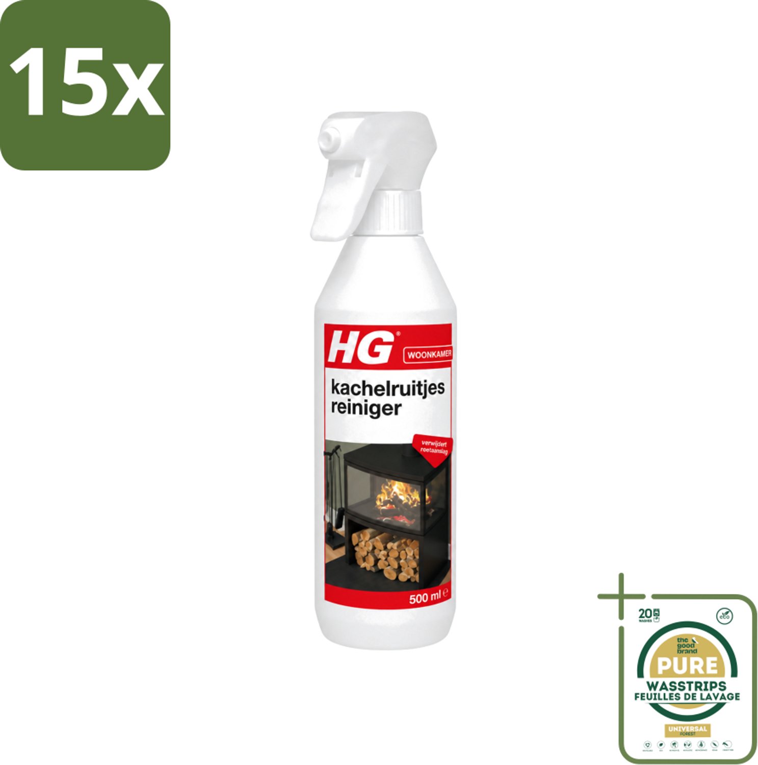15 x HG - Kachelruitjesreiniger - Verwijdert Roetaanslag - 500 ml - Wasstrips - Kachelruiten Reinigen - Roet Verwijderen - Haardvenster Reinigen - Baksteen Reinigen - Kachel Reinigen