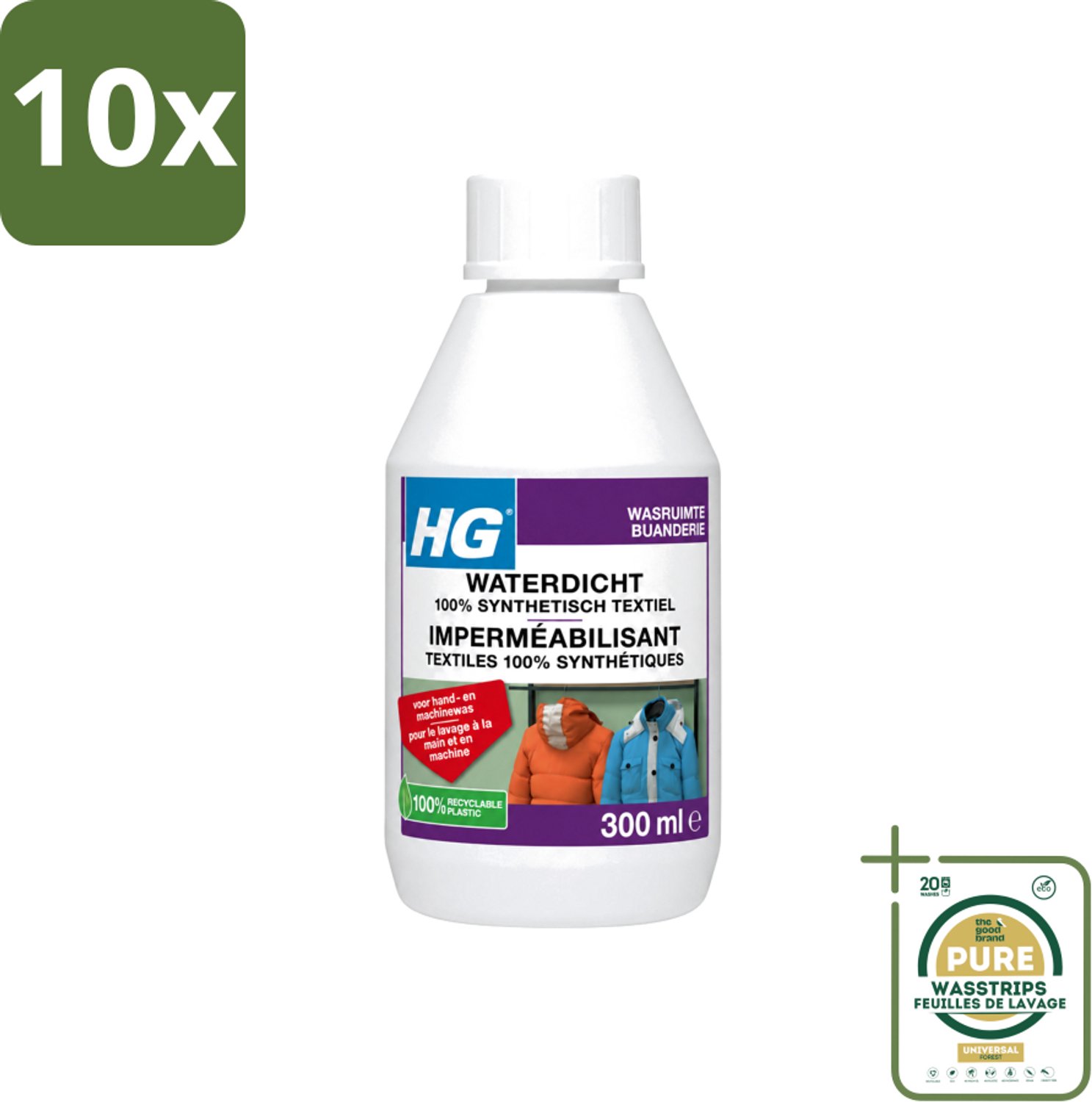 10 x HG - Wasruimte - Waterdicht 100% Synthetisch Textiel - Voor Hand & Machine Was - 300 ml - Wasstrips - Waterdicht Textiel - Vuilafstotend Textiel - Synthetisch Textiel Behandelen - Regenkleding Waterdicht Maken - Ski Kleding Waterdicht