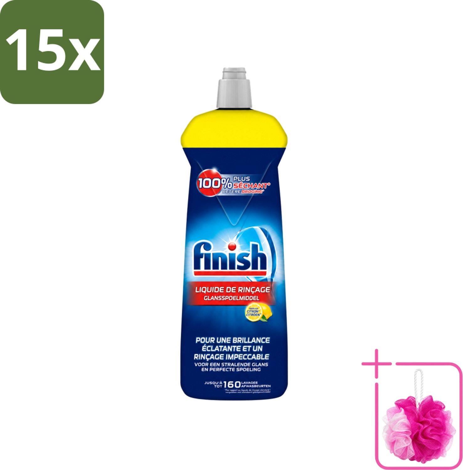 15 x Finish - Glansspoelmiddel - Citroen - Stralende glans - Tot 160 Afwasbeurten - 800 ml - Bulkverpakking - Glansspoelmiddel - Douchemop - Glans