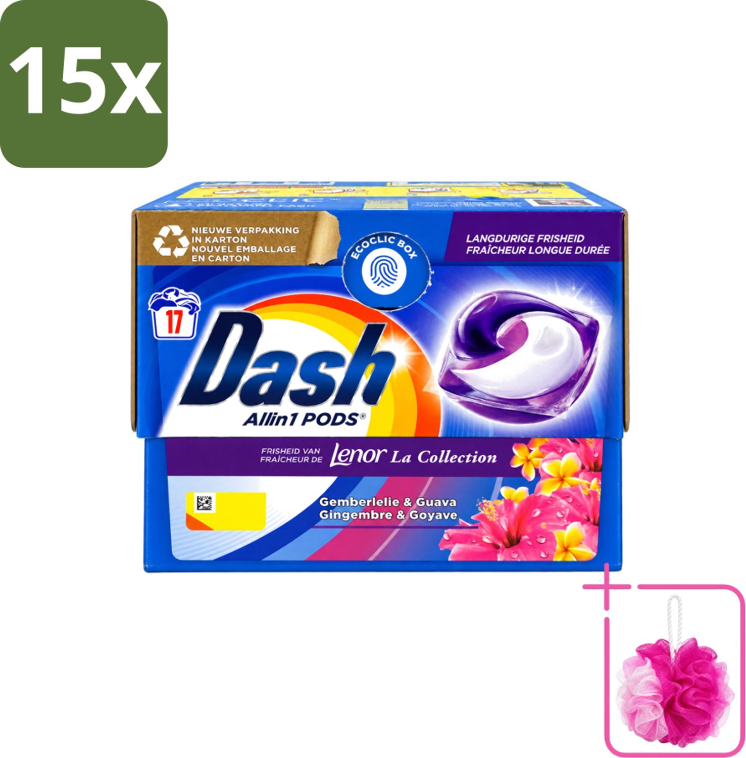 15 x Dash - Lenor Collectie - Wasmiddel Capsules - All-in-1 Pods - Witte en Gekleurde Was - Gemberlelie & Guava - 17 Wasbeurten - Bulkverpakking - Wasmiddel capsules - Douchemop - Wasmiddel pod