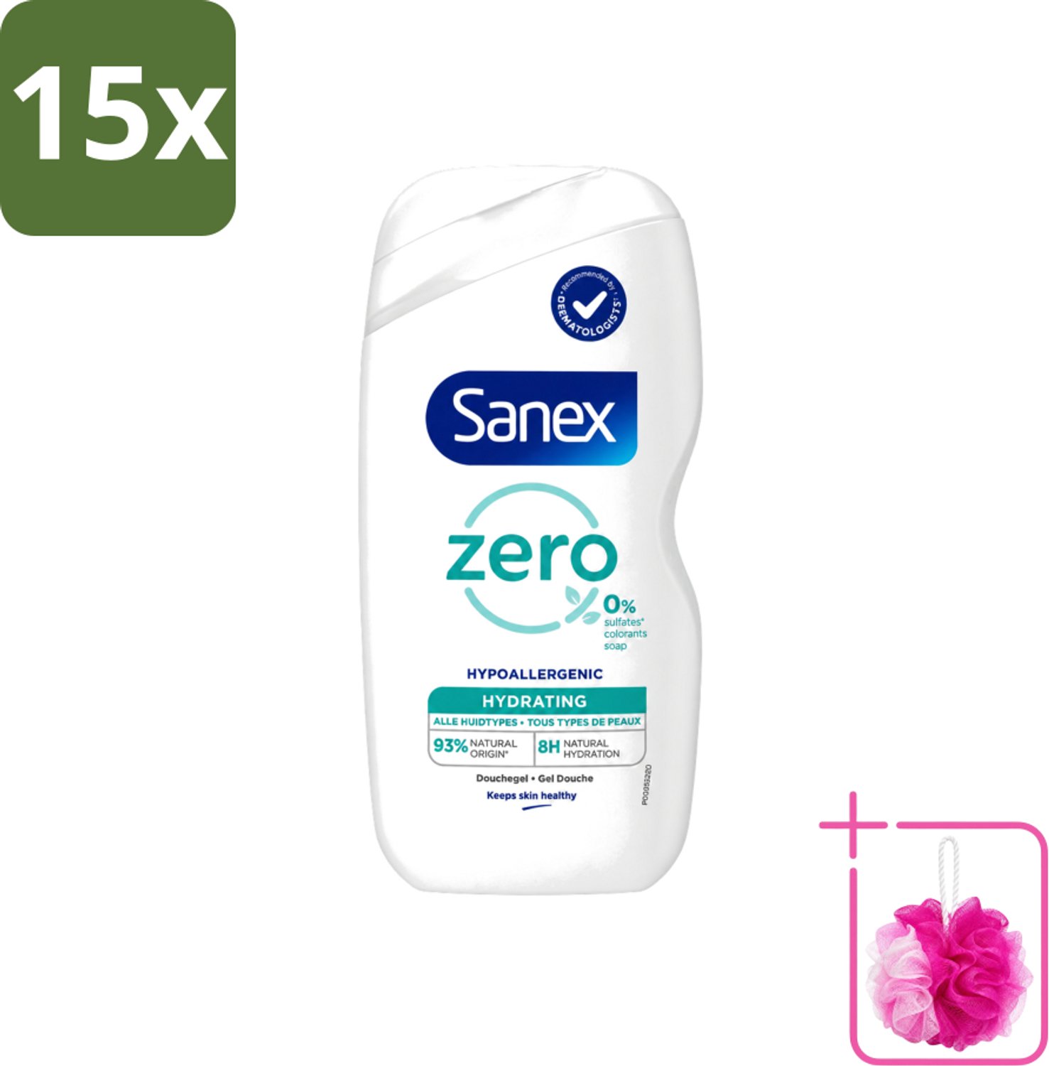 15 x Sanex Zero % - Douchegel - Hydrateert - Alle Huidtypes - 400 ml - Bulkverpakking - Douchegel - Douchemop - Huidverzorging