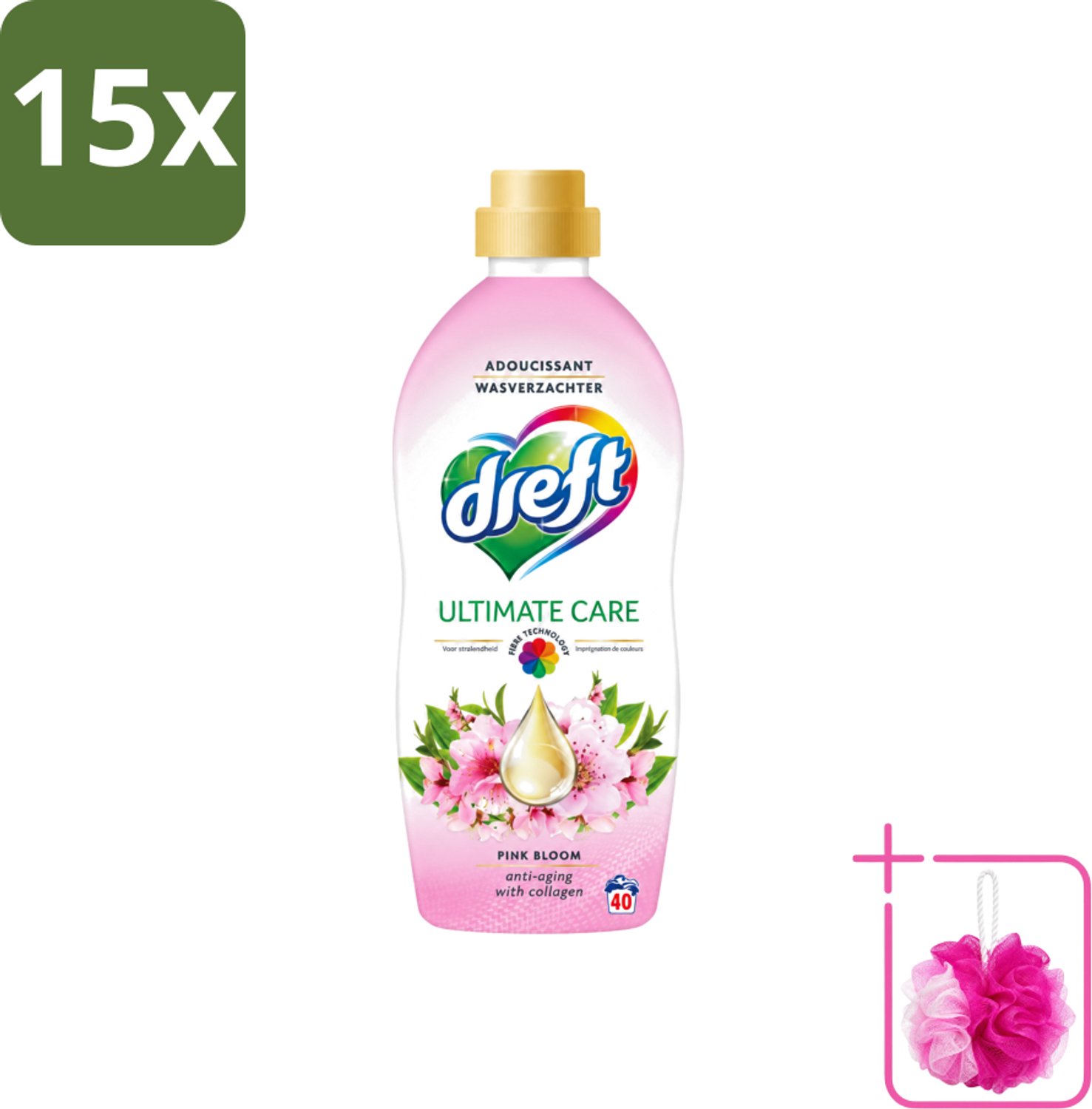 15 x Dreft - Ultimate Care - Wasverzachter - Roze Bloem - Anti-Veroudering - 40 Wasbeurten - Bulkverpakking - Wasverzachter - Douchemop - Anti-aging