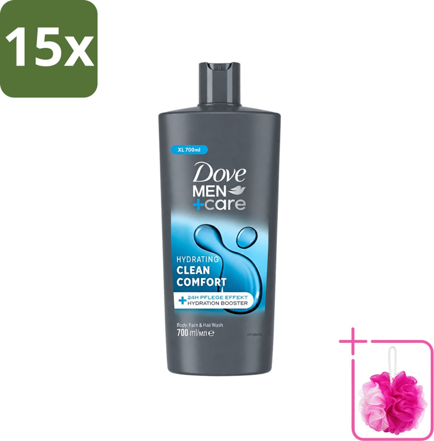 15 x Dove Men+Care - Clean Comfort - 3-in-1 Douchegel - Hydraterend- 700 ml - Bulkverpakking - Douchegel voor mannen - Douchemop - Lichaamsgel