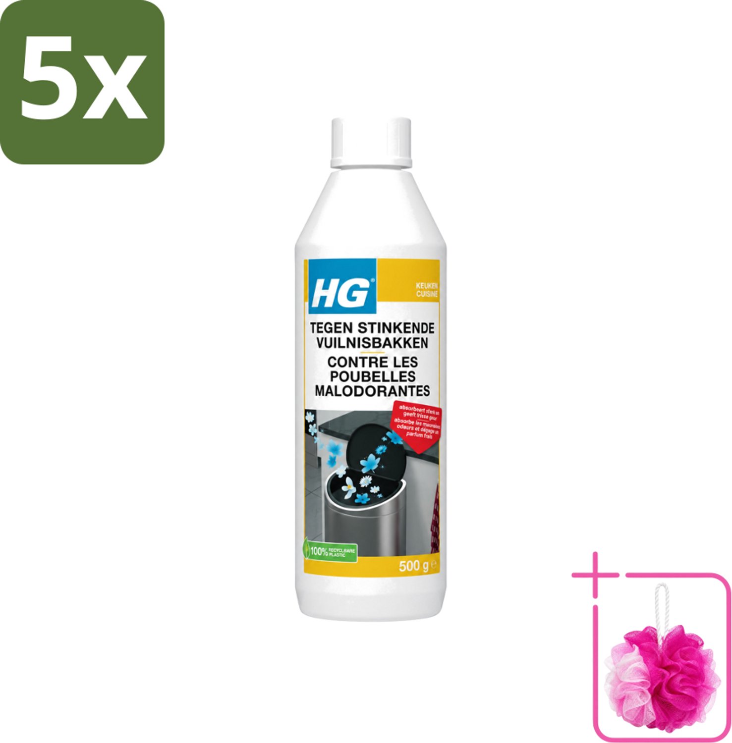 5 x HG - Tegen Stinkende Vuilnisbakken - Neutraliseert Geuren - 500 g - Bulkverpakking - Stinkende vuilnisbakken - Douchemop - Geurneutraliseren