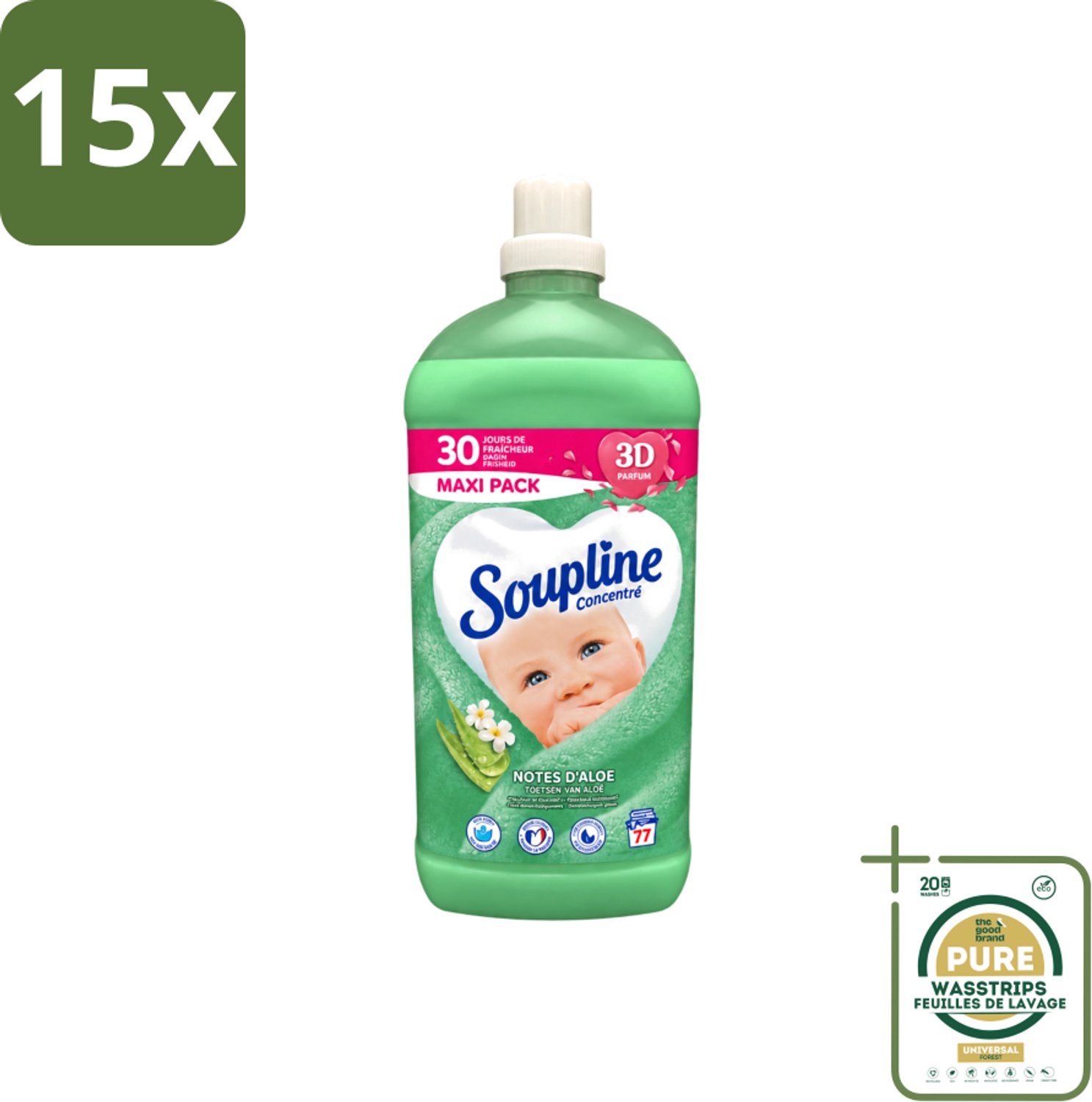 15 x Soupline - Wasverzachter - Aloë Vera Concentraat - 77 Wasbeurten - Wasstrips - Wasverzachter Aloë Vera - Wasverzachter Voor Kleding - Aloë Vera Wasverzachter - Zachte Wasverzachter - Wasverzachter Voor Gezin