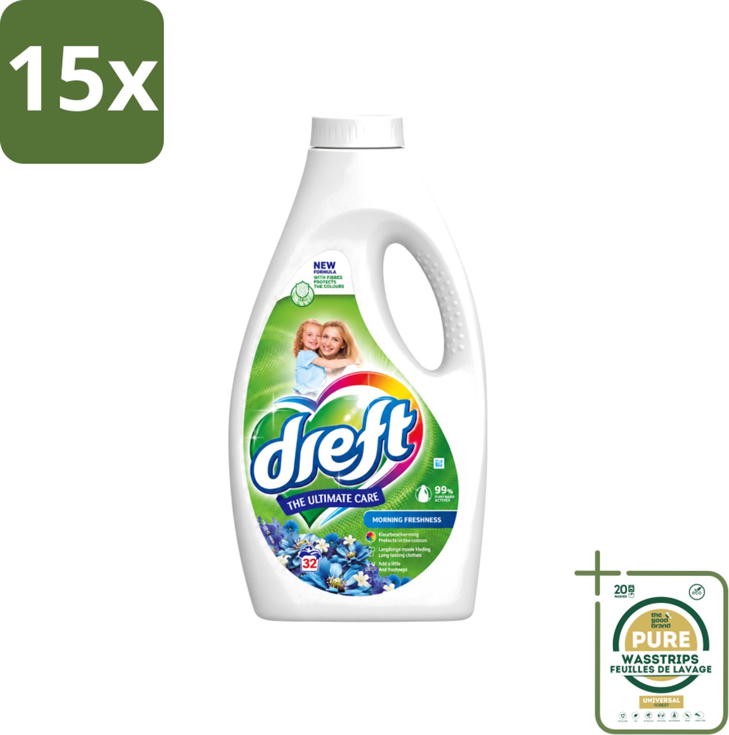 15 x Dreft - Ultimate Care - Vloeibaar Wasmiddel - Gekleurde Was - Ochtendfris - 32 Wasbeurten - Wasstrips - Gekleurde Was - Ochtendfris - Wasmiddel - Wasbeurt - Kleurbescherming