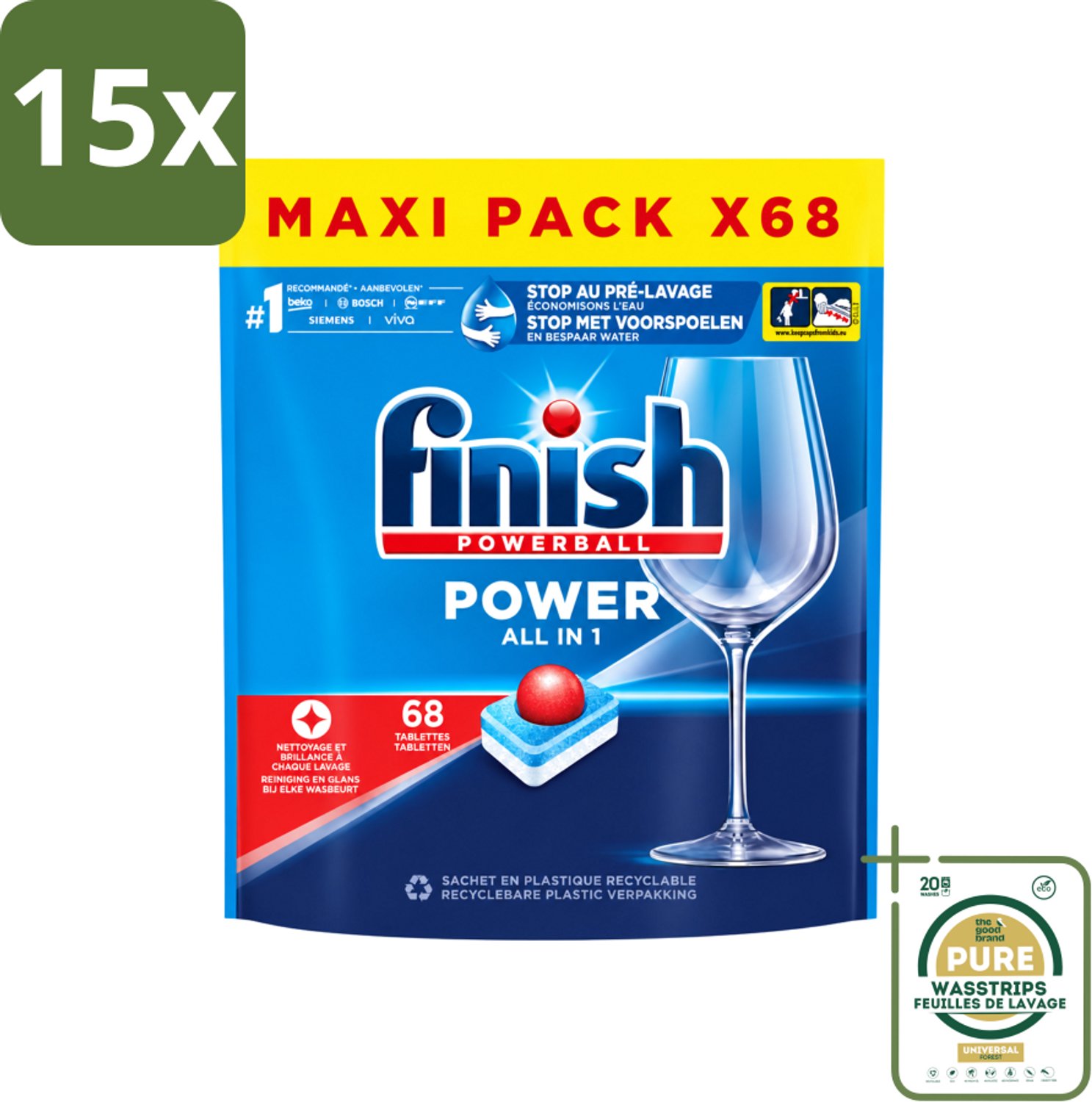 15 x Finish Powerball - Power All in 1 - Vaatwastabletten - Reiniging & Glans - 68 Tabletten - Wasstrips - Vaatwastabletten - Vaatwasmiddel - Reiniging - Vaatwasser - Anti-kalk