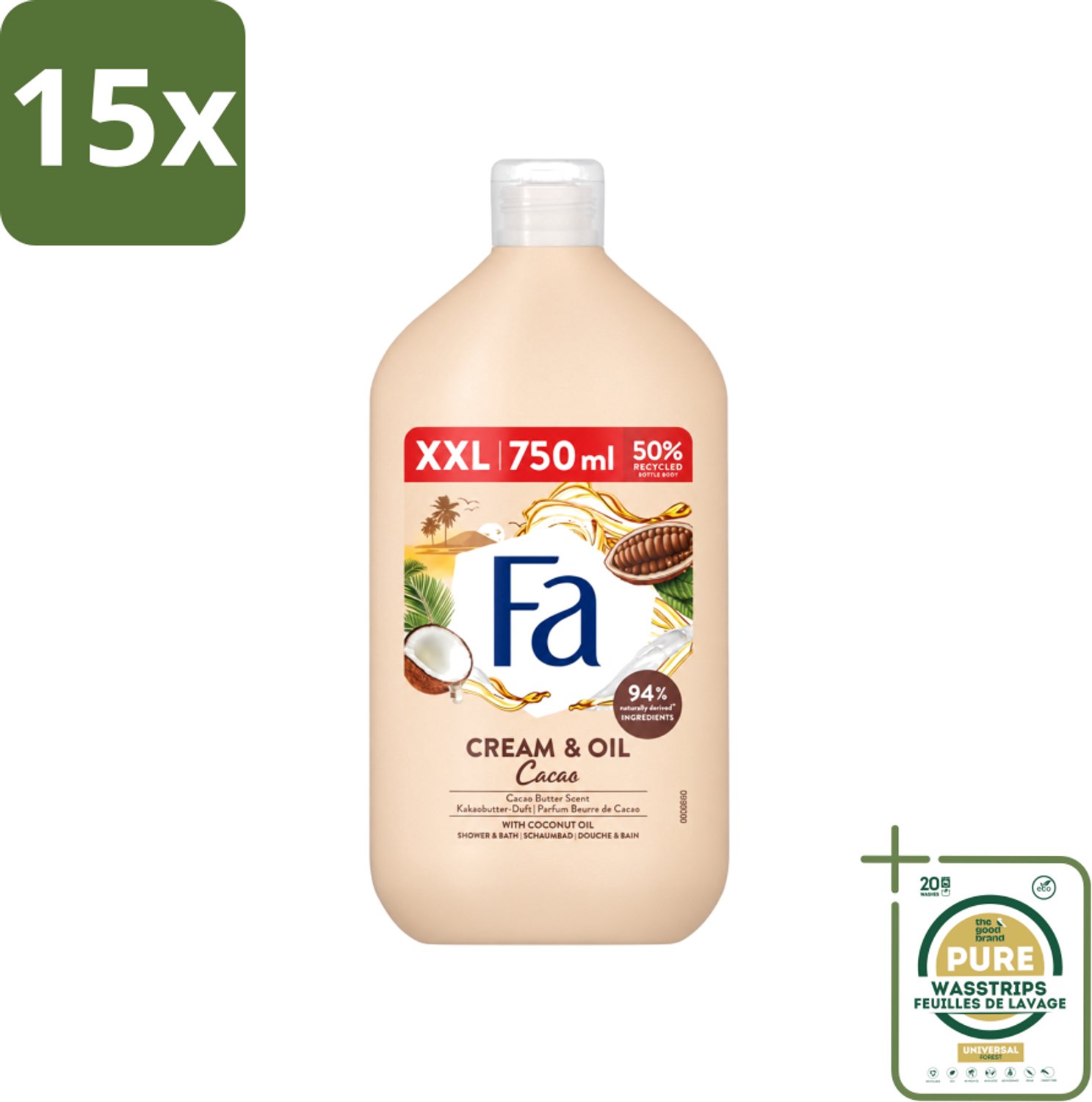 15 x Fa - Cream & Oil Cacao - Bad- & Douchegel - Cacaoboter Met Kokosolie - 750 ml - Wasstrips - Bad En Douche Gel - Cacaoboter - Kokosolie - Huid Verzorging - Hydraterende Gel