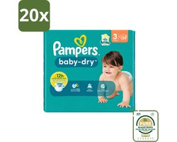 20 x Pampers – Luiers – Baby-Dry Maat 3 (6-10 kg) – 34 Luiers - Wasstrips - Babyluier - Babydouche - Droge Luier - Absorberende Luier - Luier Voor Baby