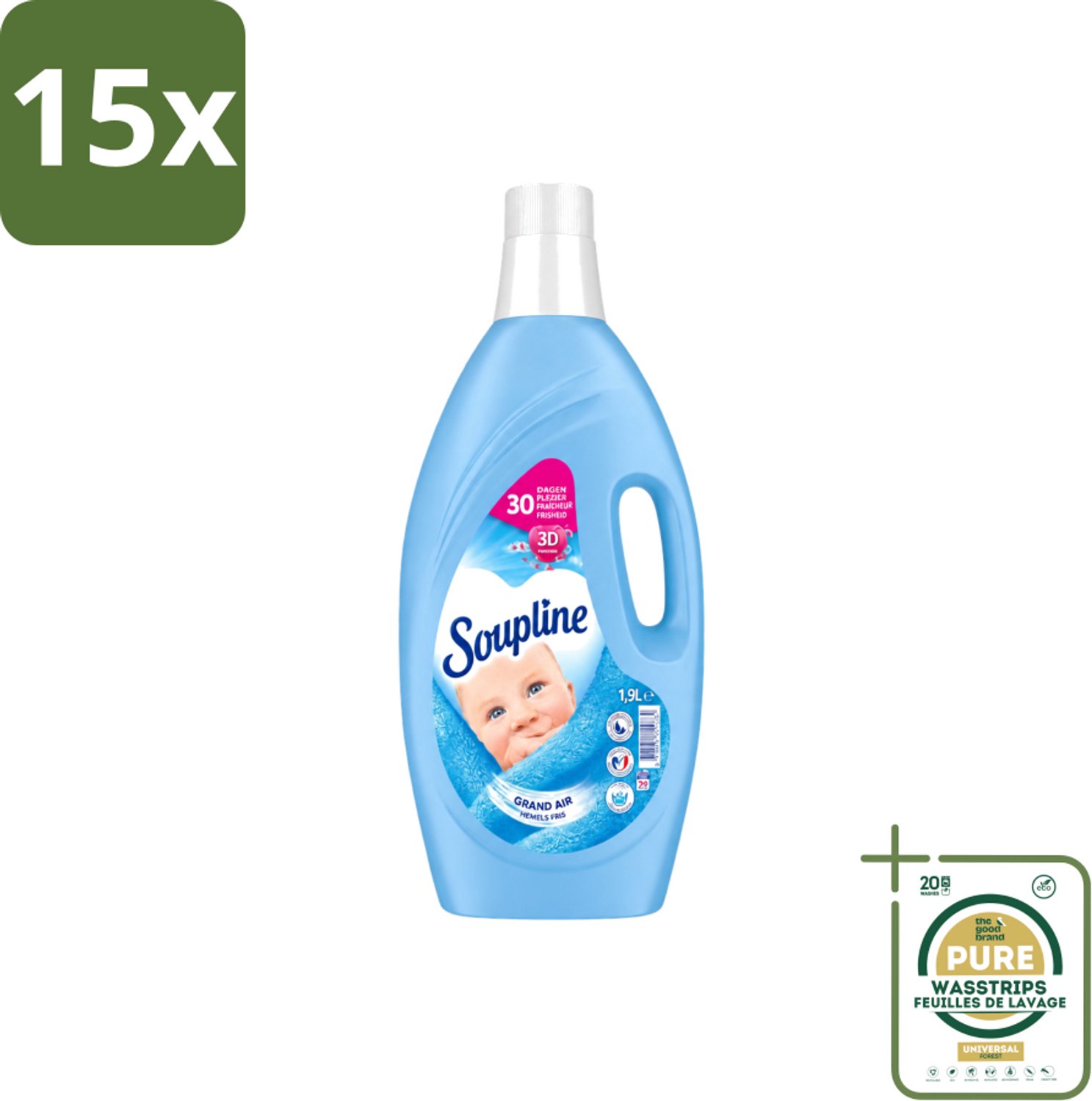 15 x Soupline – Wasverzachter – Hemels Fris – 1,9 L - Wasstrips - Wasverzachter - Wasgoed Verzachter - Hemels Fris - Wasverzachter Hemels Fris - Wasverzachter Voor Kleding