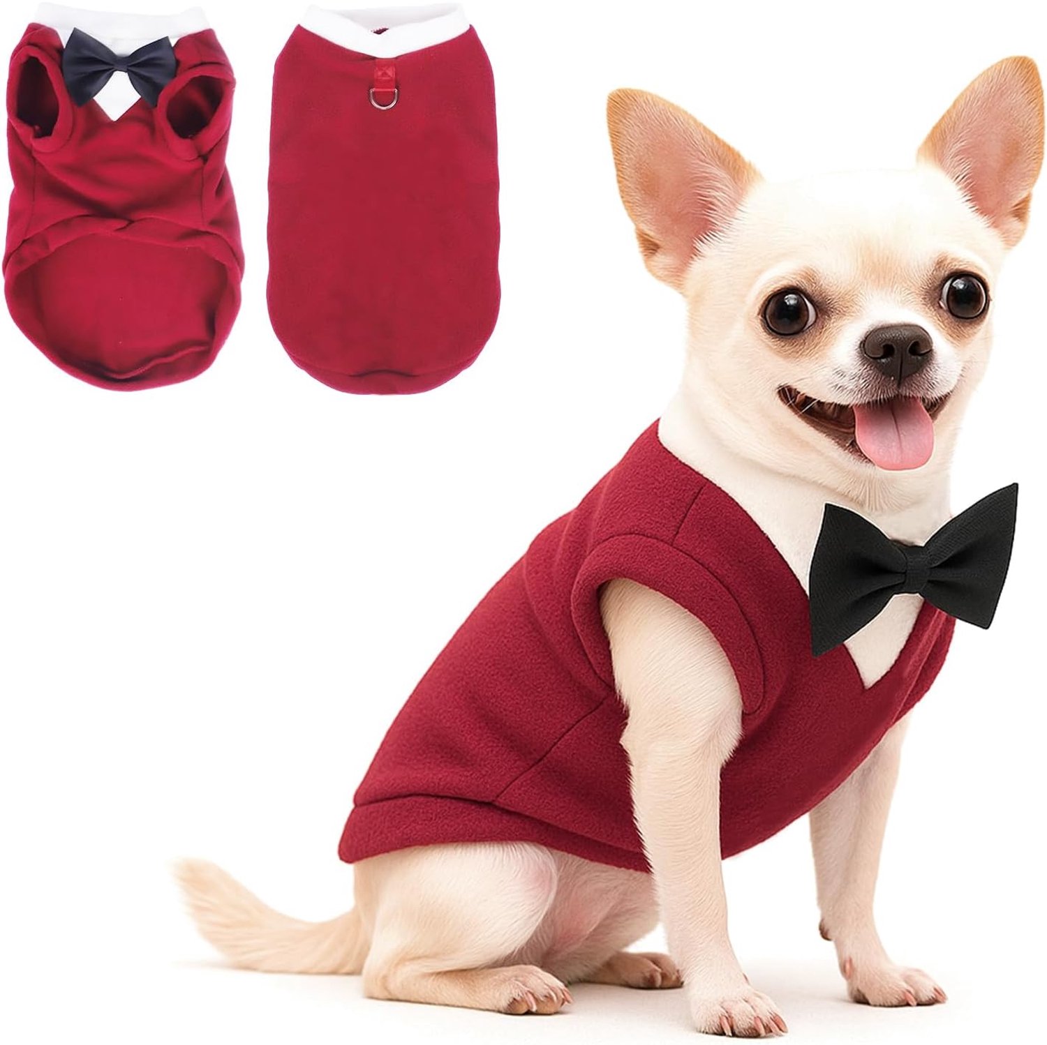Hondentrui met Vlinderdas Winterkleding Huisdier Smoking Outfits voor Kleine tot Middelgrote Honden Warm Fleece Kostuum Trui voor Chihuahua Schnauzer Shih Tzu Yorkie Kerst Verjaardag (Rood, S
