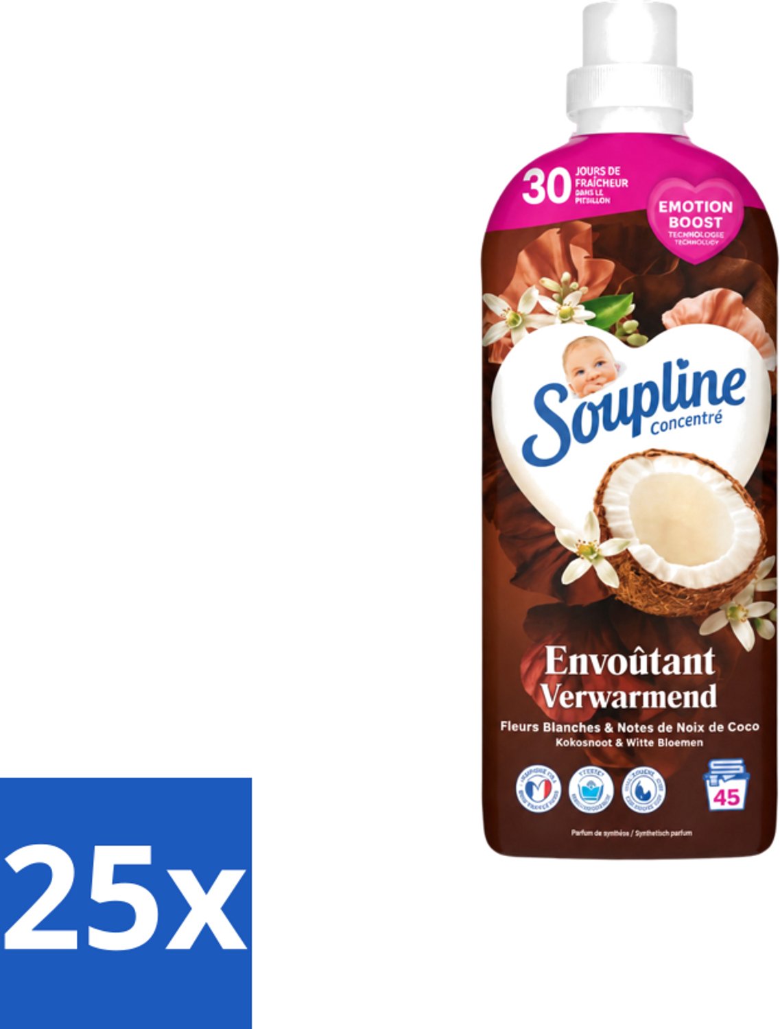 25 x Soupline – Wasverzachter – Verwarmende Kokosnoot & Witte Bloemen – 950 ml - Voordeelverpakking - 25 stuks