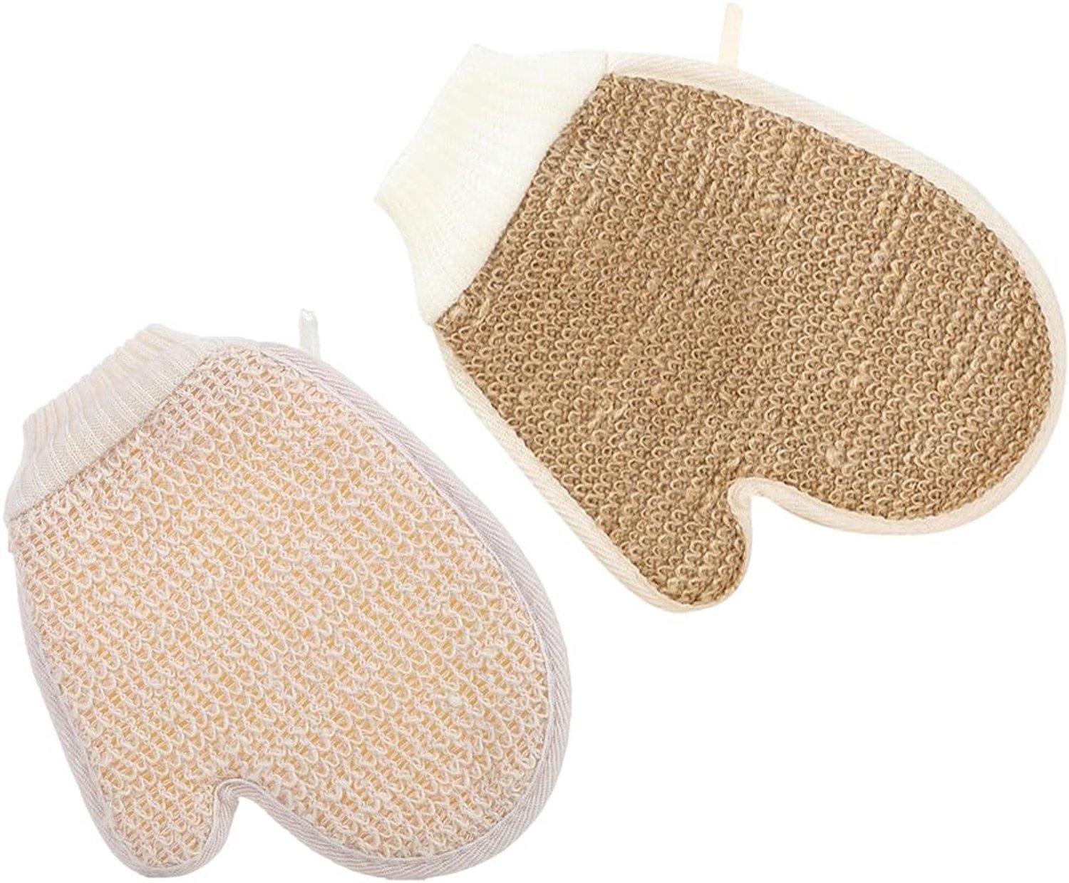 Paar exfoliërende handschoenen gemaakt van natuurlijke vezels. Verwijdert dode huidcellen en laat de huid glad en stralend achter.