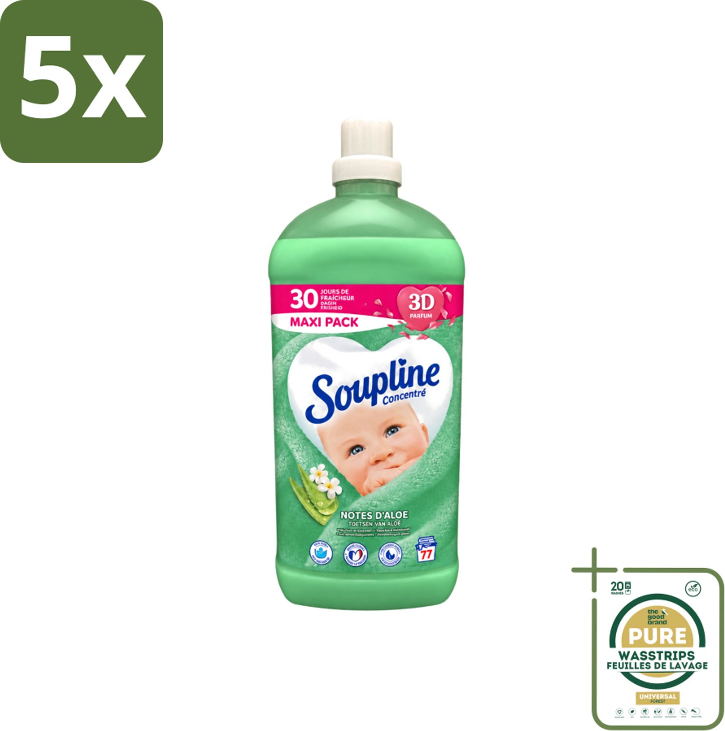 5 x Soupline - Wasverzachter - Aloë Vera Concentraat - 77 Wasbeurten - Wasstrips - Wasverzachter Aloë Vera - Wasverzachter Voor Kleding - Aloë Vera Wasverzachter - Zachte Wasverzachter - Wasverzachter Voor Gezin