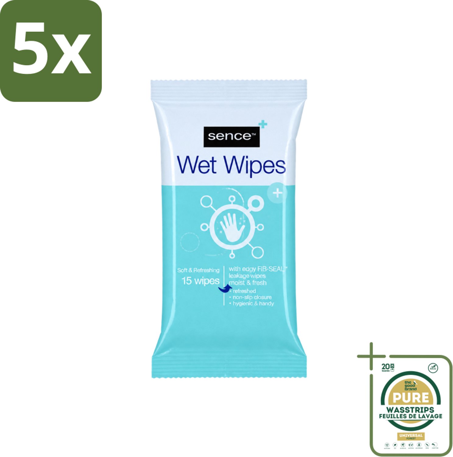 5 x Sence - Vochtige Doekjes - Hersluitbare Verpakking - 15 Doekjes - Wasstrips - Vochtige Doekjes - Handdoek - Gezichtsdoek - Reinigingsdoek - Handdoek Voor Gezicht