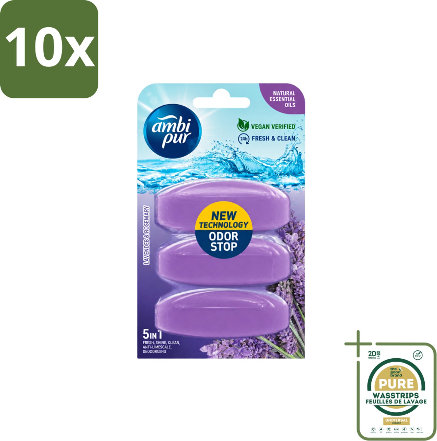 10 x Ambi Pur - Navulling Toiletblok - Lavendel & Rozemarijn - 3 Blokken - Wasstrips - Toiletblok Navulling - Reinigingsvulling - Frisse Toiletomgeving - Lavendel En Rozemarijn - Hygiëne