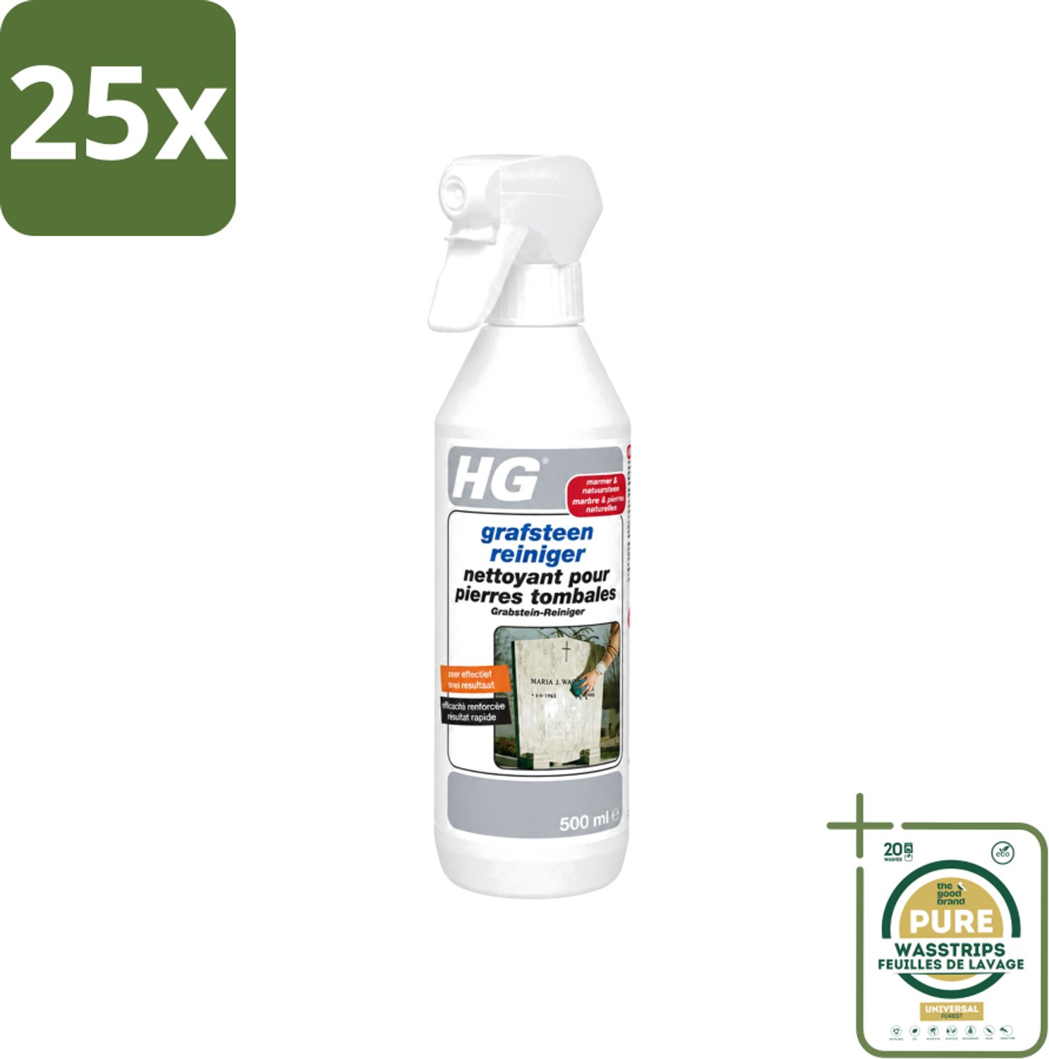 25 x HG - Grafsteenreiniger - Beschermt & Reinigt - 500 ml - Wasstrips - Grafsteen Reinigen - Natuursteen Reinigen - Grafsteen Onderhoud - Grafsteen Reiniger - Grafsteen Behandelen