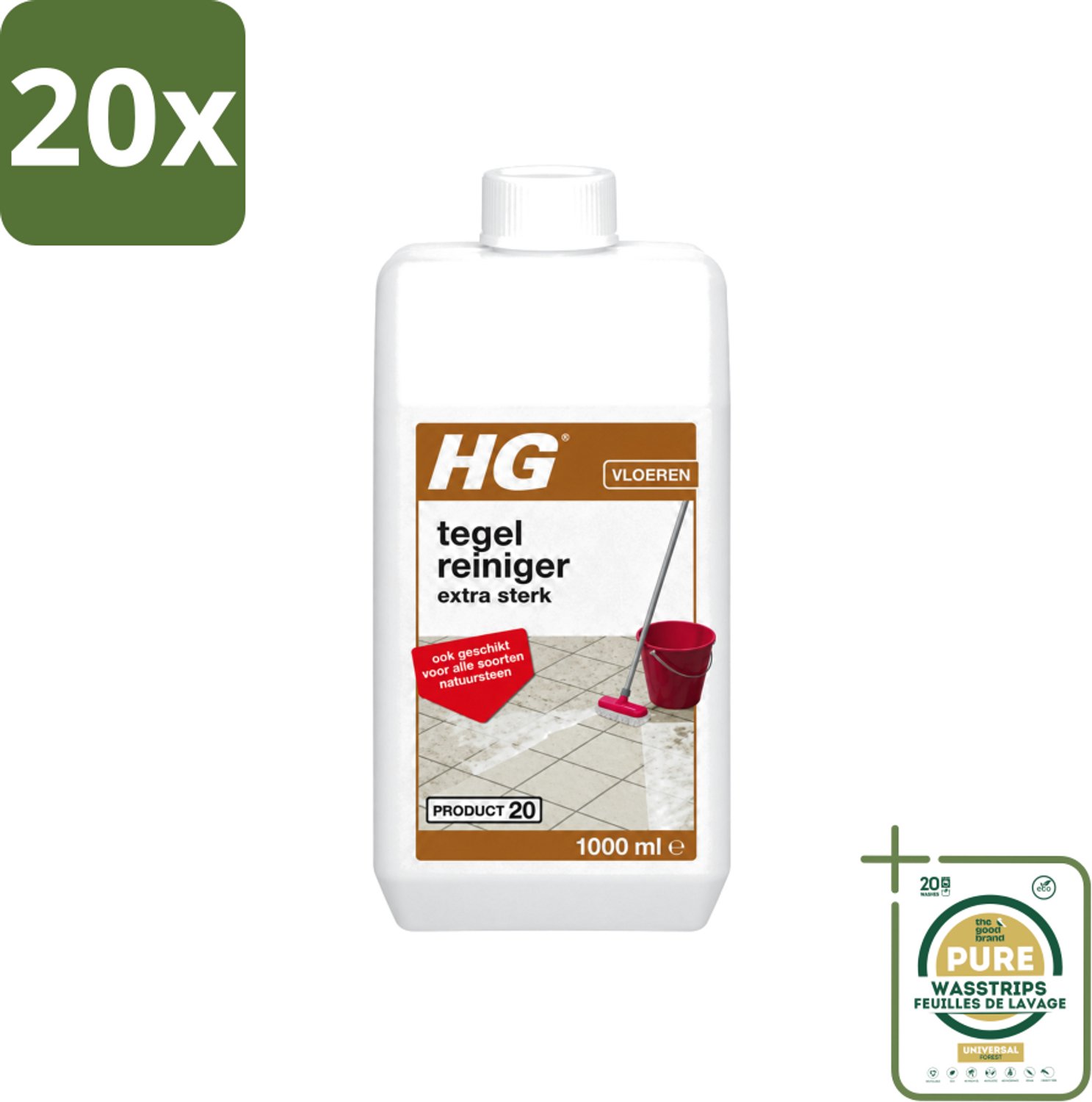 20 x HG - Vloeren - Tegelreiniger Extra Sterk - Geschikt Voor Alle Soorten Natuursteen - 1L - Wasstrips - Tegelreiniger - Natuursteen Reinigen - Vetvlekken Verwijderen - Kalk Verwijderen - Vloer Reinigen