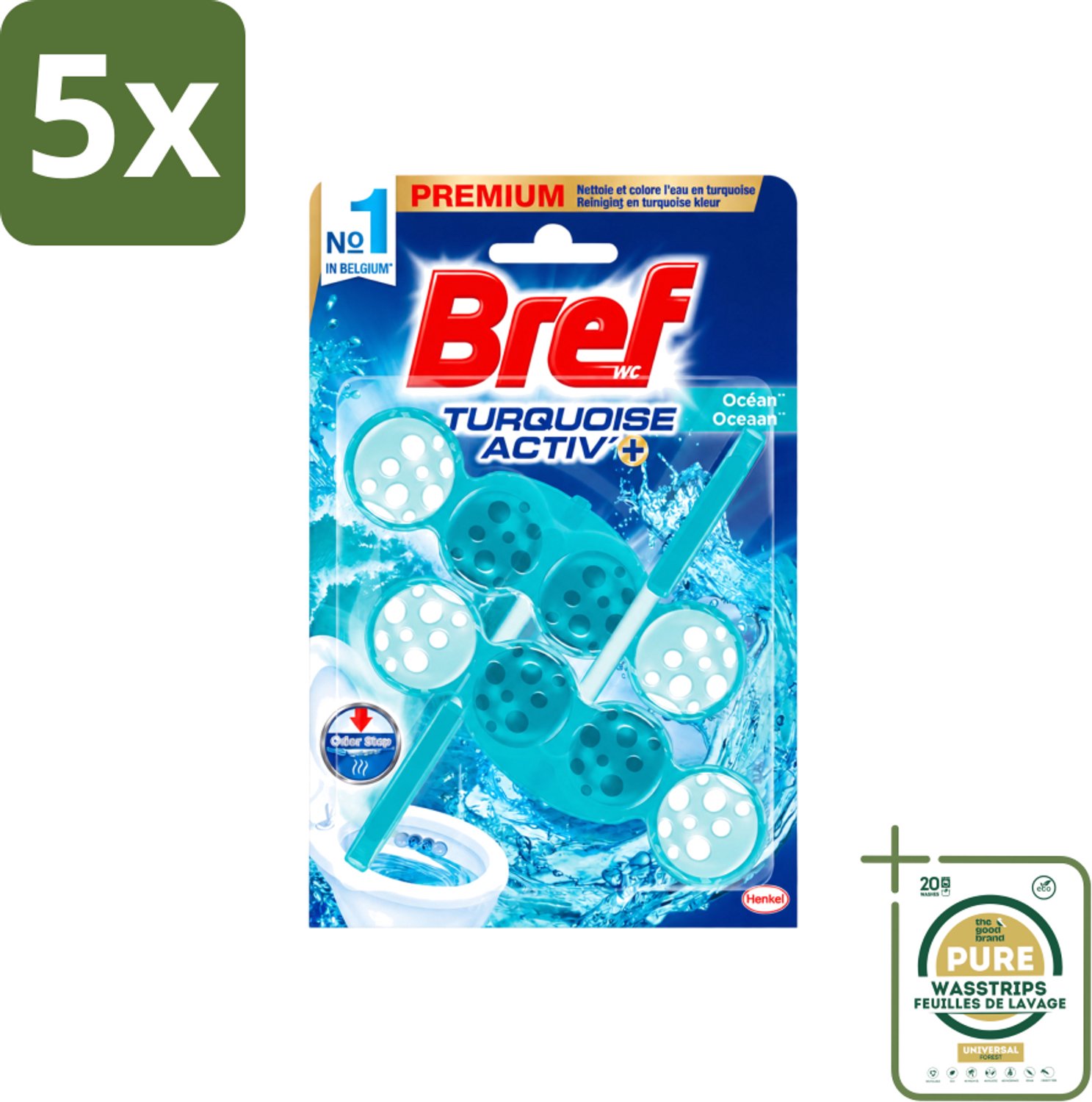 5 x Bref WC - Turquoise Activ+ - Toiletblok - Oceaan - 2 Blokken - Wasstrips - Toilet - Toiletblok - Oceaanfrisheid - Reiniging - Anti-kalk