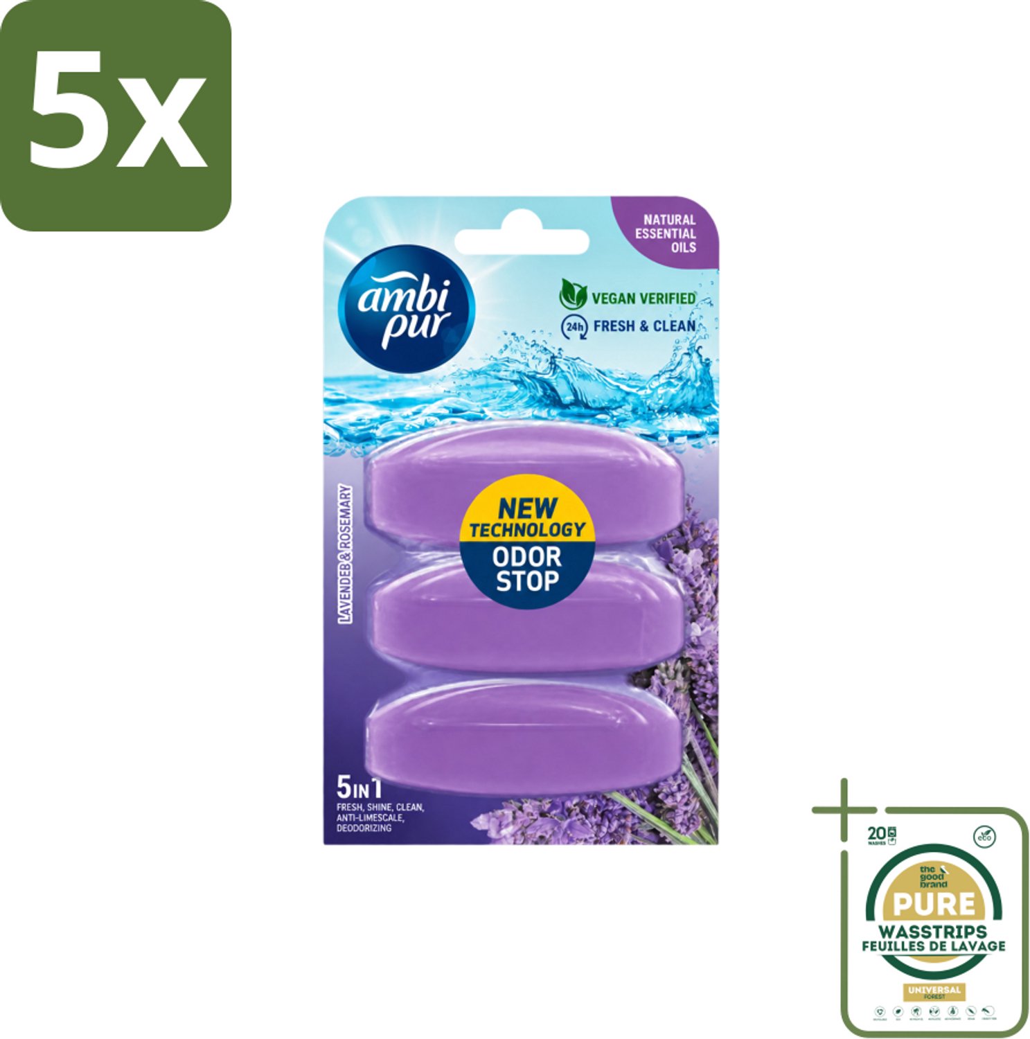 5 x Ambi Pur - Navulling Toiletblok - Lavendel & Rozemarijn - 3 Blokken - Wasstrips - Toiletblok Navulling - Reinigingsvulling - Frisse Toiletomgeving - Lavendel En Rozemarijn - Hygiëne