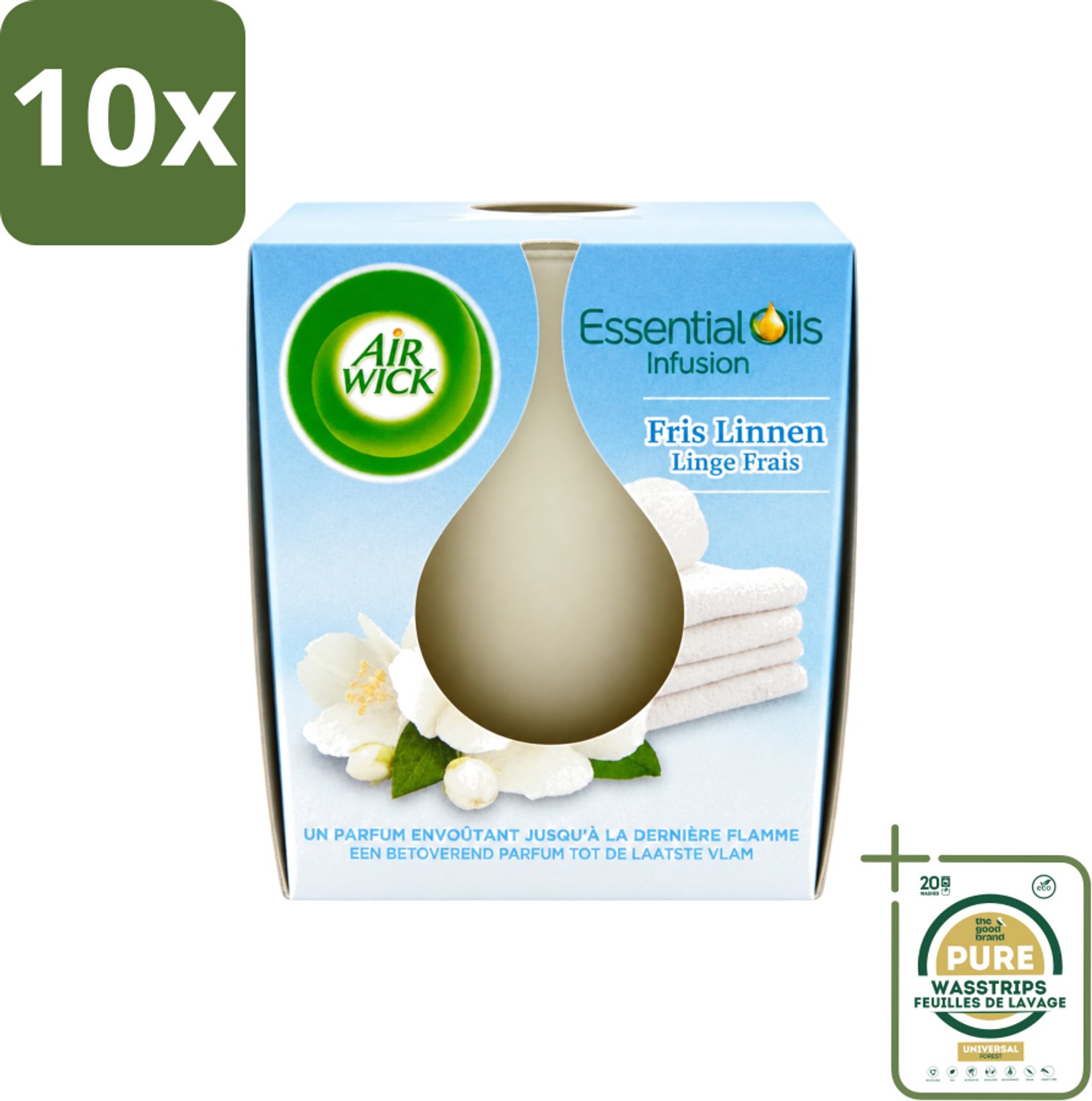 Air Wick 10 x Air Wick – Geurkaars – Fris Linnen met Essentiële Oliën – 105 g - Wasstrips - Geurkaars - Fris Linnen - Essentiële Oliën - Sfeer In Huis - Warme Sfeer Wit