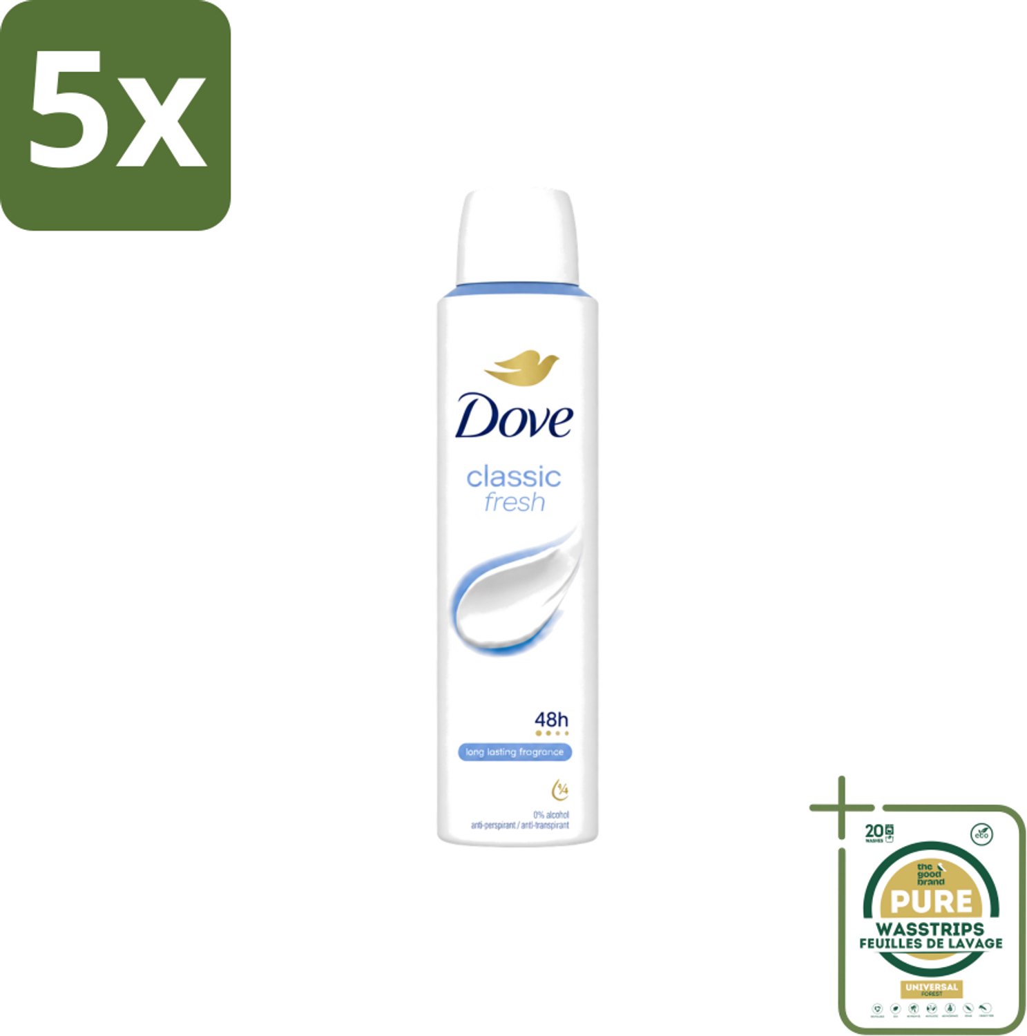 5 x Dove – Deodorant Spray – Classic Fresh – 200 ml - Wasstrips - Anti-transpirant Spray - Okselgeur - Deodorant Spray - Frisse Geur - Oksel Verzorging