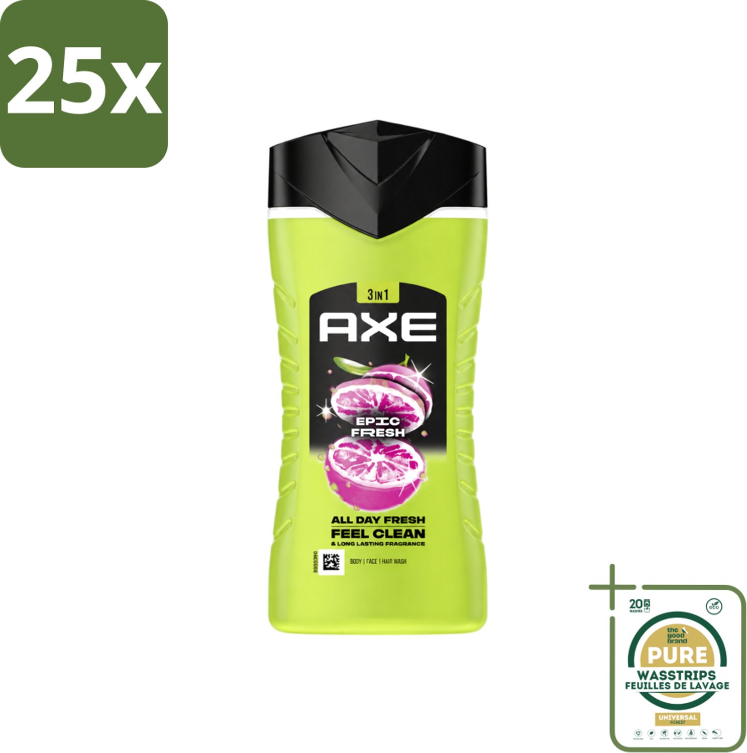 25 x Axe - 3-in-1 Douchegel - Epic Fresh - Grapefruit & Tropical Pineapple - Fresh Boost - 250 ml - Wasstrips - Douchegel - Frisheid - Geur - Lichaam - Gezicht