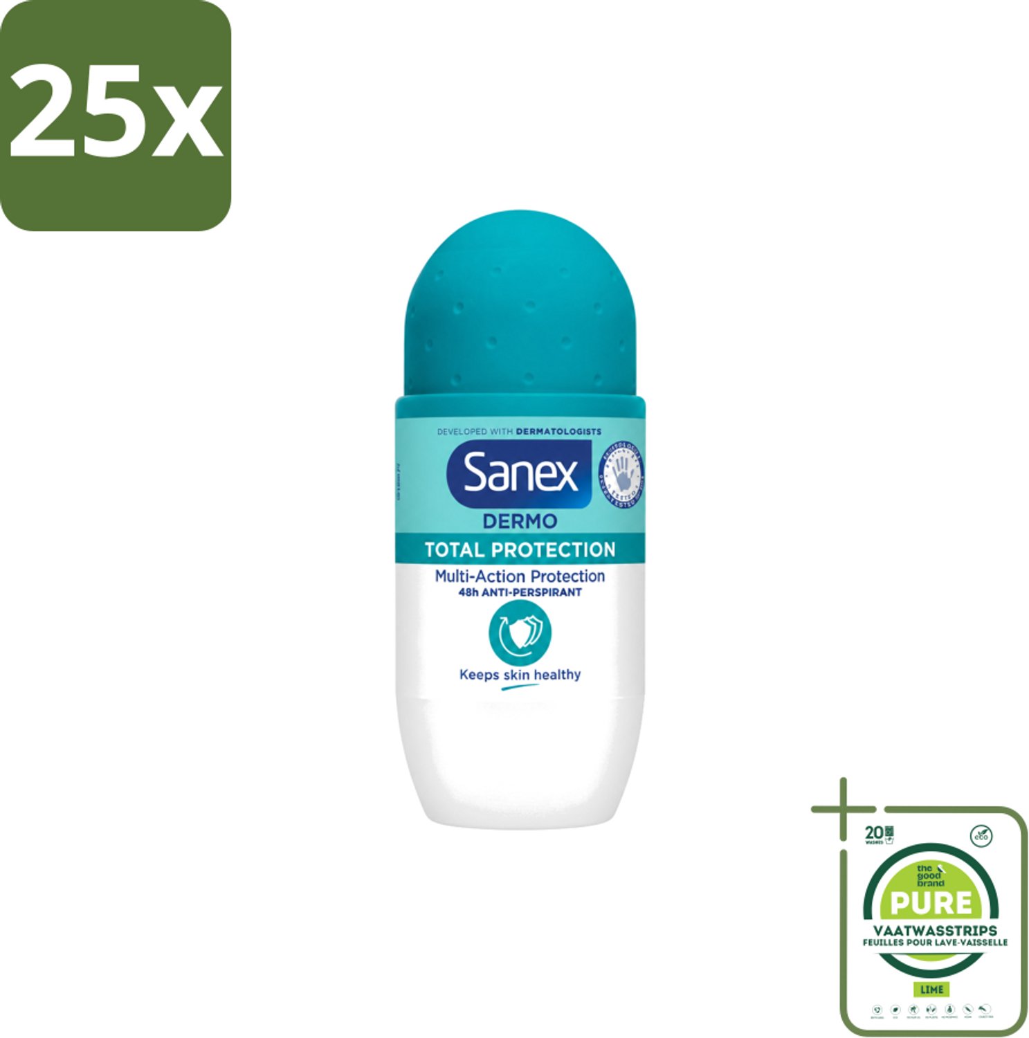 25 x Sanex – Deodorant Roll-On – Dermo Total Protection – 50 ml - Grootverpakking - Vaatwasstrips - Douche - Deodorant Roll-on - Zweetvermindering - Geurvermindering - Huidbescherming