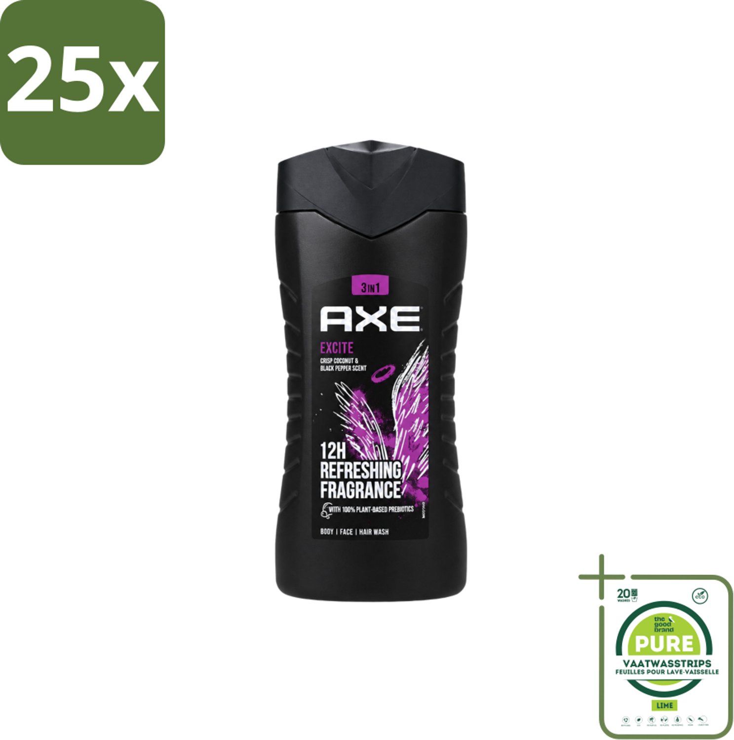 25 x AXE – Douchegel – Excite – 250 ml - Grootverpakking - Vaatwasstrips - Douchegel - Frisheid - Geur - Mannelijke Geur - Axe Excite