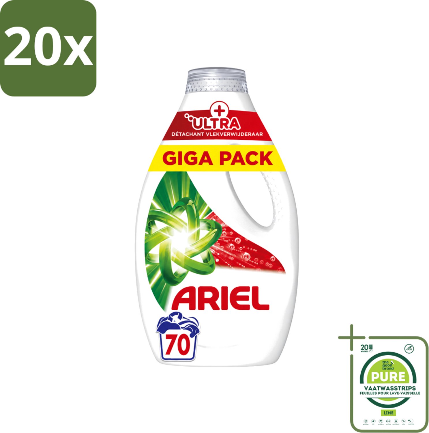 20 x Ariel – Vloeibaar Wasmiddel – Ultra Vlekverwijderaar – 3150 ml – 70 wasbeurten - Grootverpakking - Vaatwasstrips - Vlekverwijderaar - Wasmiddel - Enzymen - Koud Wassen - Ingedroogde Vlekken